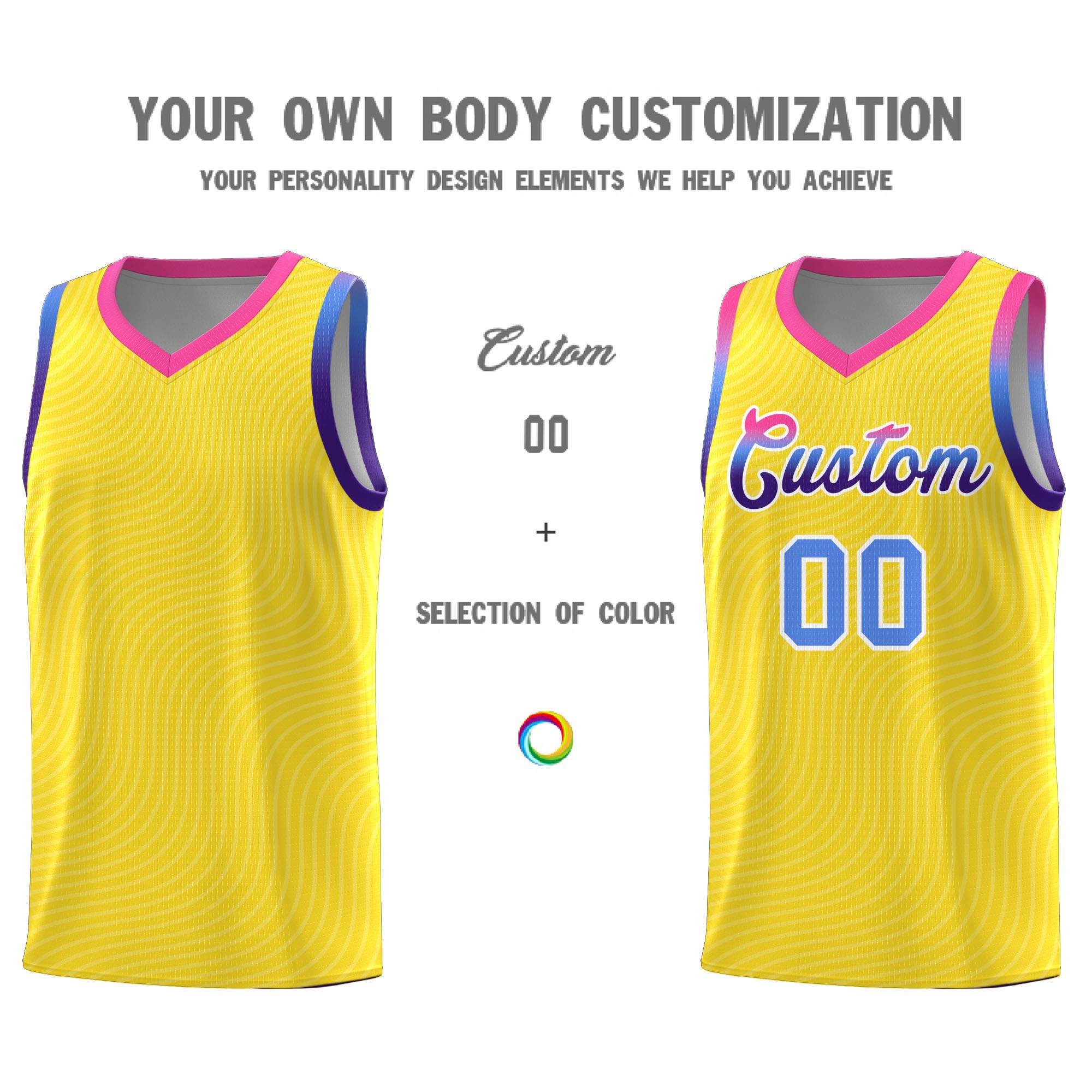 Custom Gold Pink Wave Pattern Sports Uniform Basketball Kits