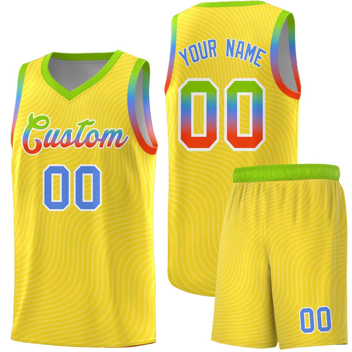 Custom Gold Neon Green Wave Pattern Sports Uniform Basketball Kits