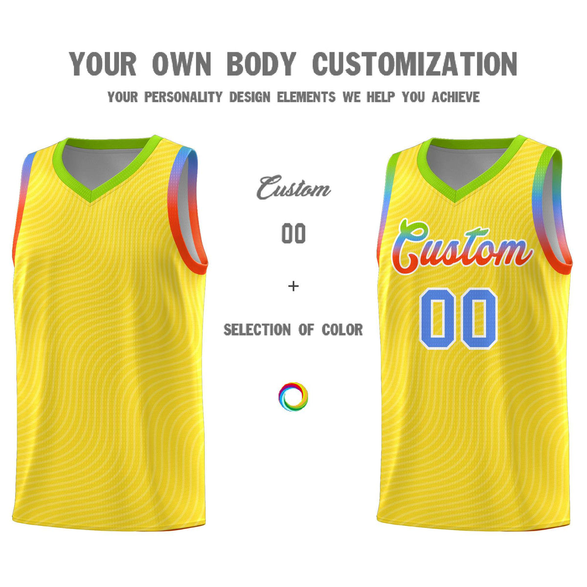 Custom Gold Neon Green Wave Pattern Sports Uniform Basketball Kits
