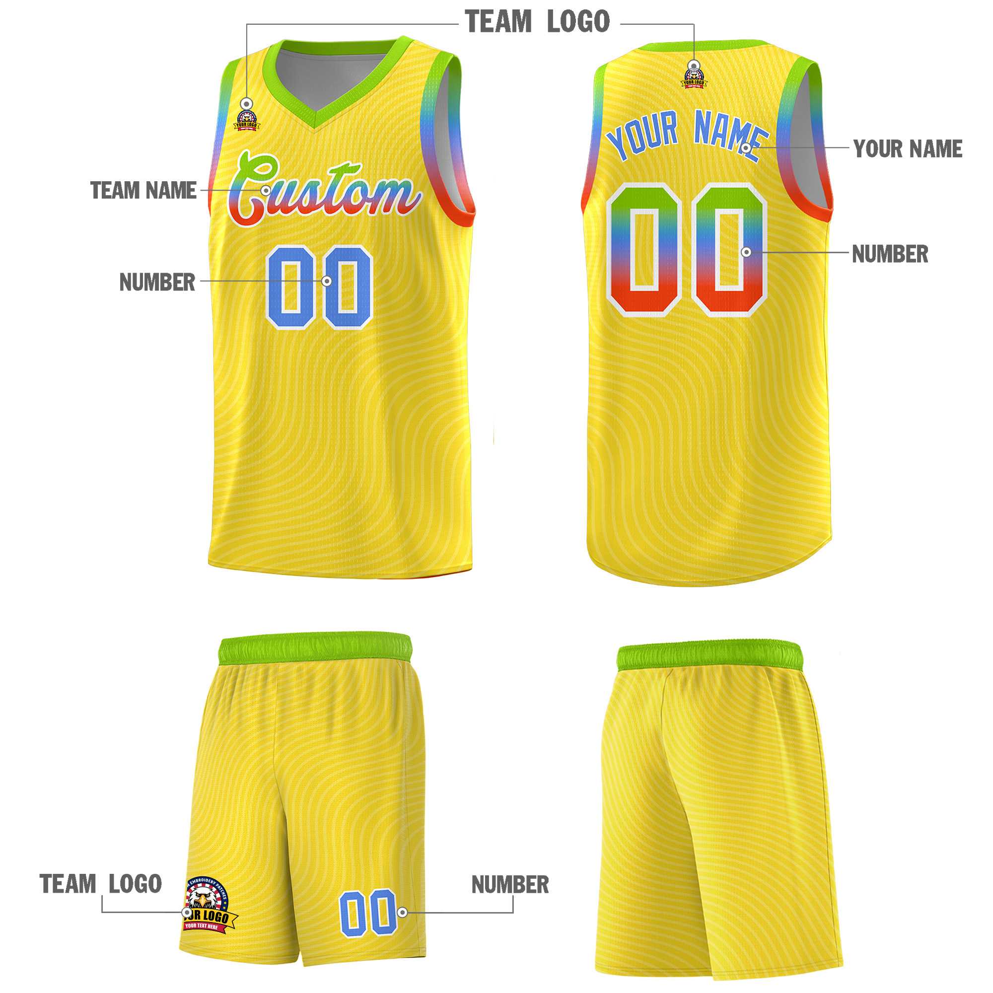 Custom Gold Neon Green Wave Pattern Sports Uniform Basketball Kits
