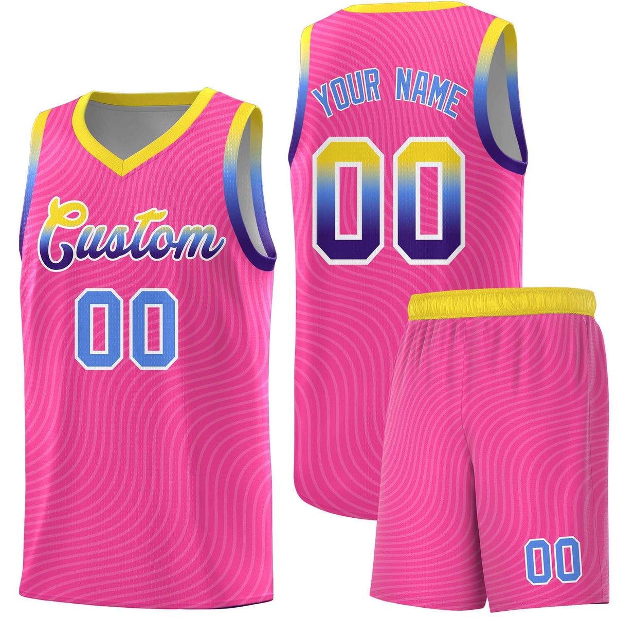 Custom Pink Gold Wave Pattern Sports Uniform Basketball Kits