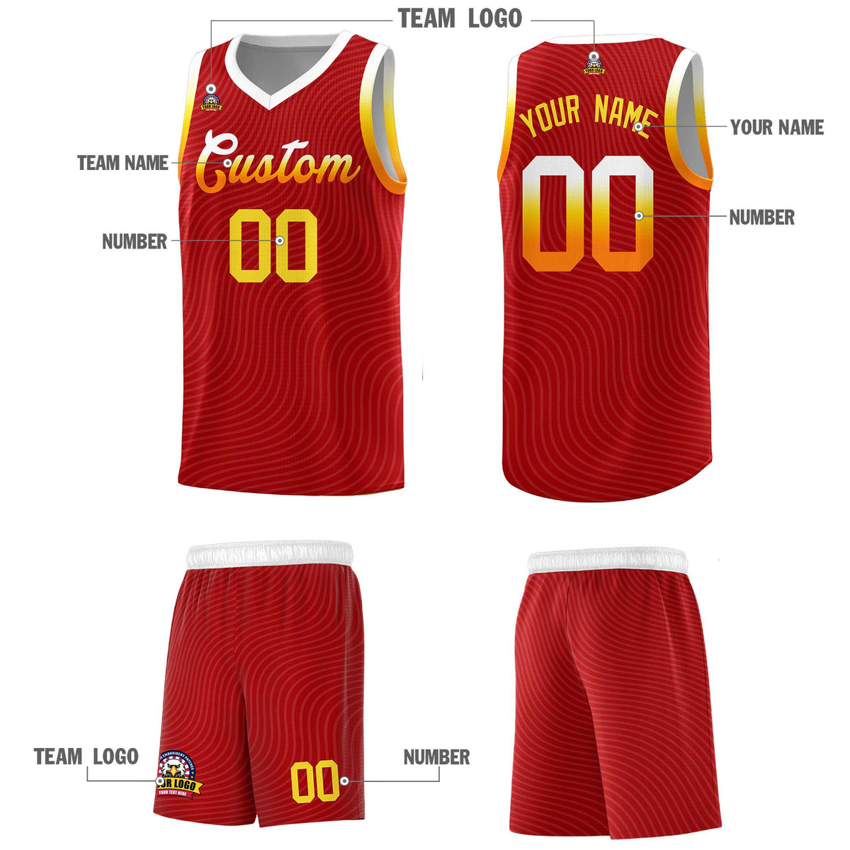 Custom Red White Wave Pattern Sports Uniform Basketball Kits