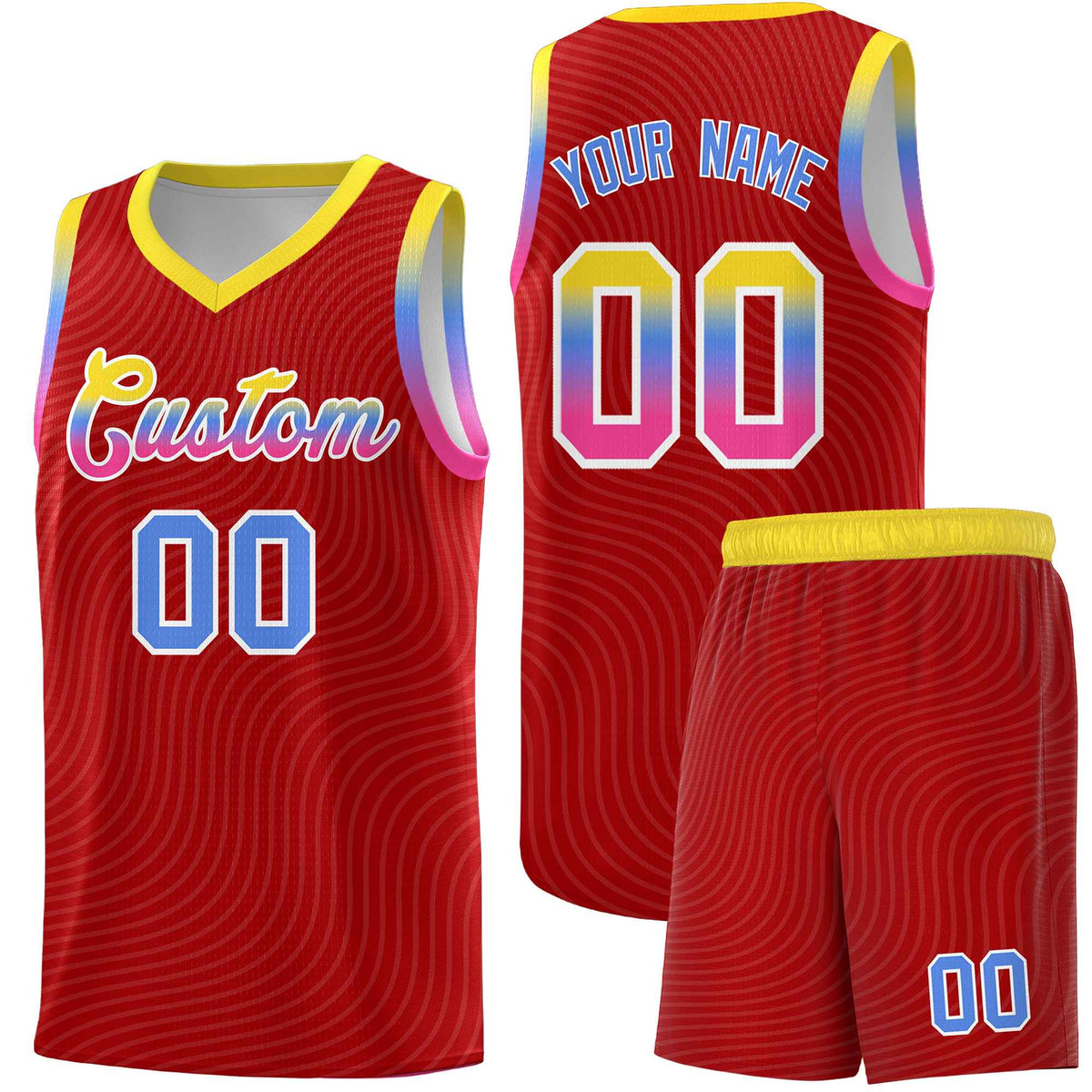 Custom Red Gold Wave Pattern Sports Uniform Basketball Kits