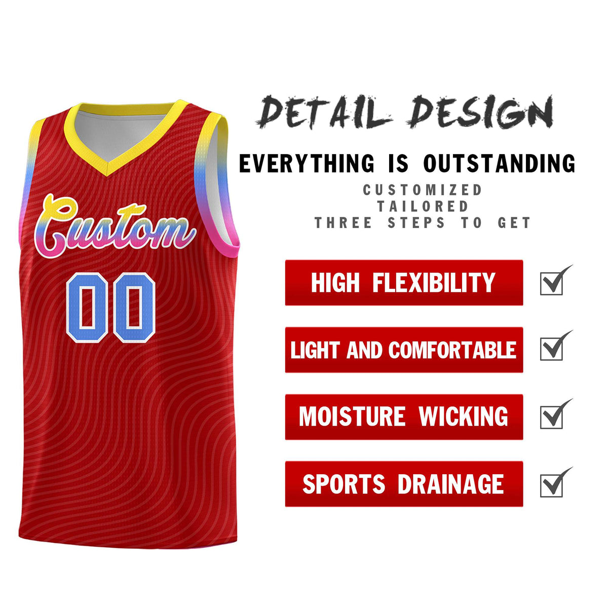 Custom Red Gold Wave Pattern Sports Uniform Basketball Kits