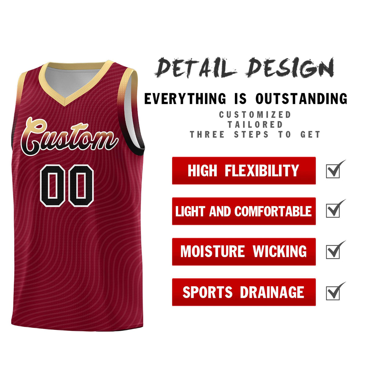 Custom Crimson Khaki Wave Pattern Sports Uniform Basketball Kits
