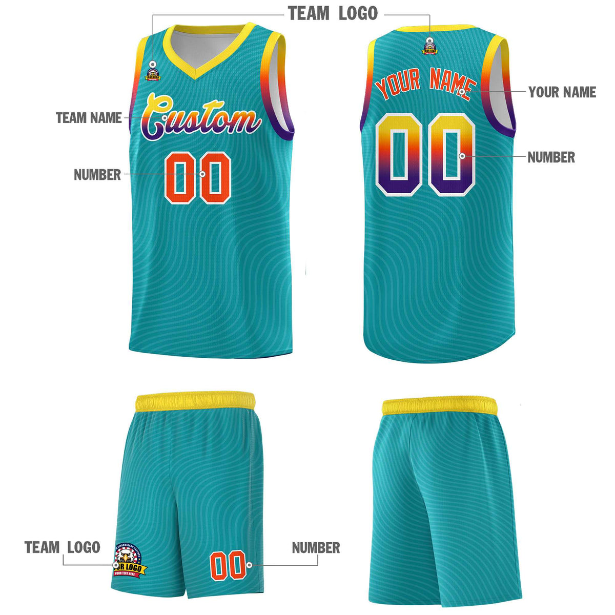Custom Aqua Gold Wave Pattern Sports Uniform Basketball Kits