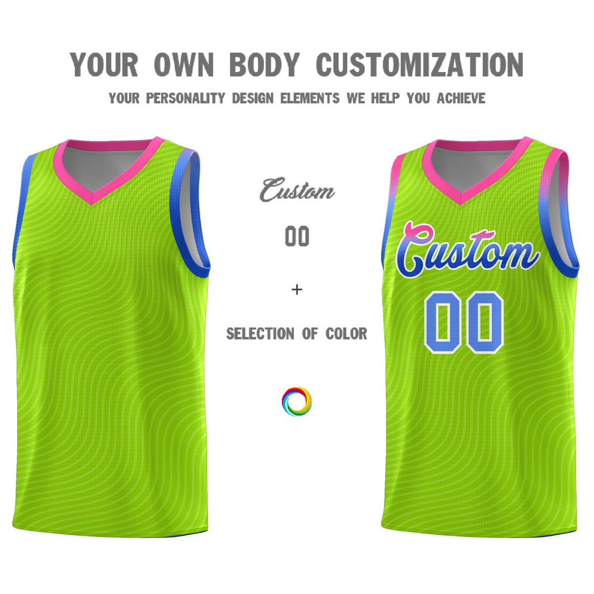 Custom Neon Green Pink Wave Pattern Sports Uniform Basketball Kits