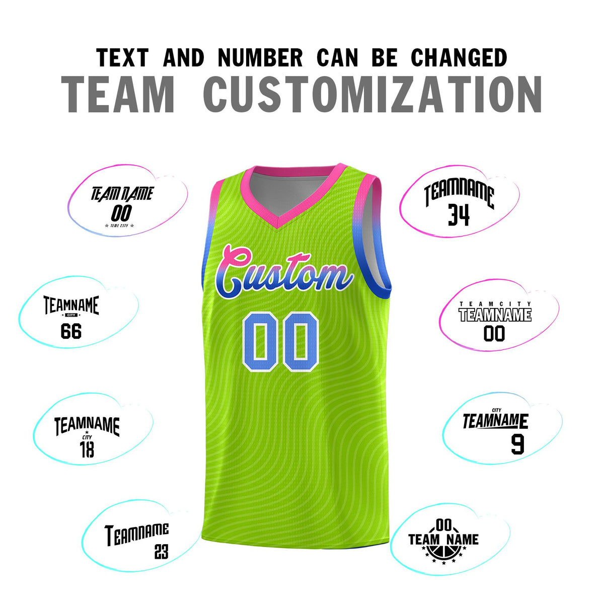 Custom Neon Green Pink Wave Pattern Sports Uniform Basketball Kits
