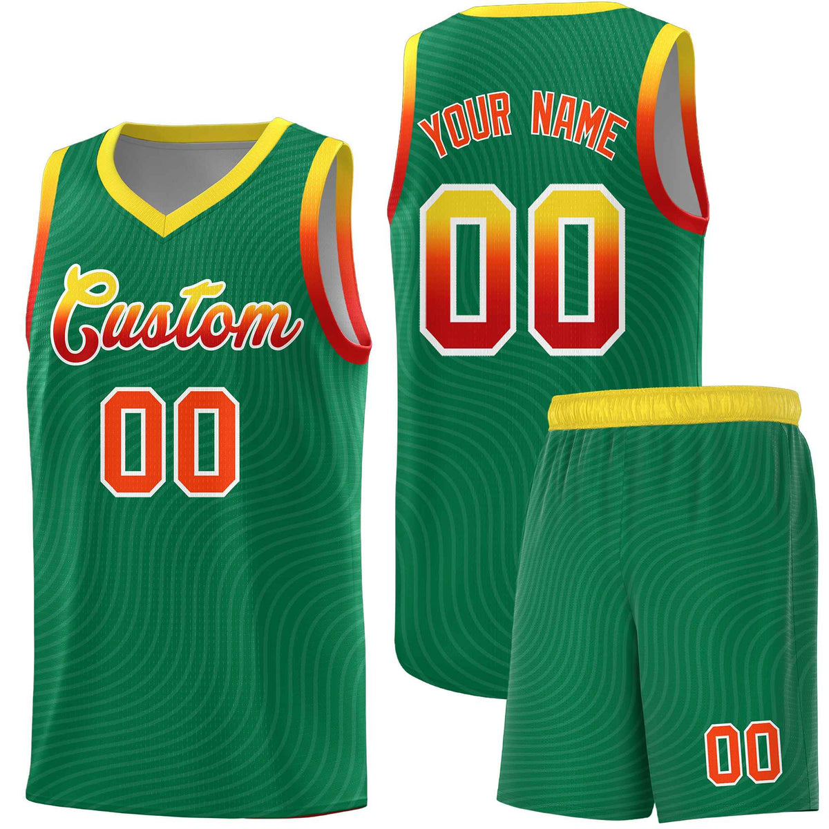 Custom Kelly Green Gold Wave Pattern Sports Uniform Basketball Kits
