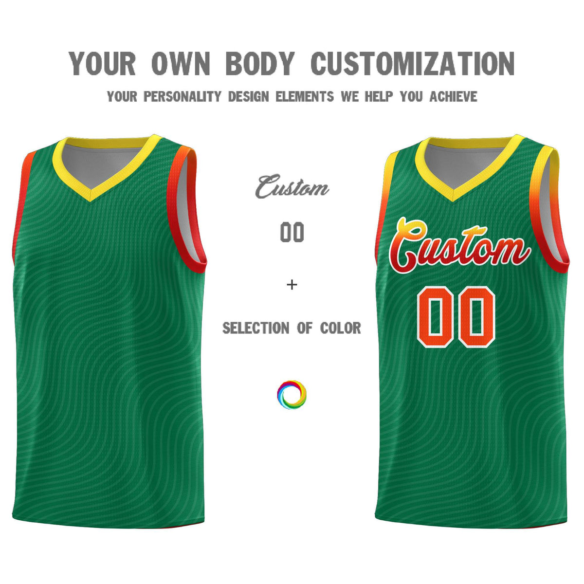 Custom Kelly Green Gold Wave Pattern Sports Uniform Basketball Kits