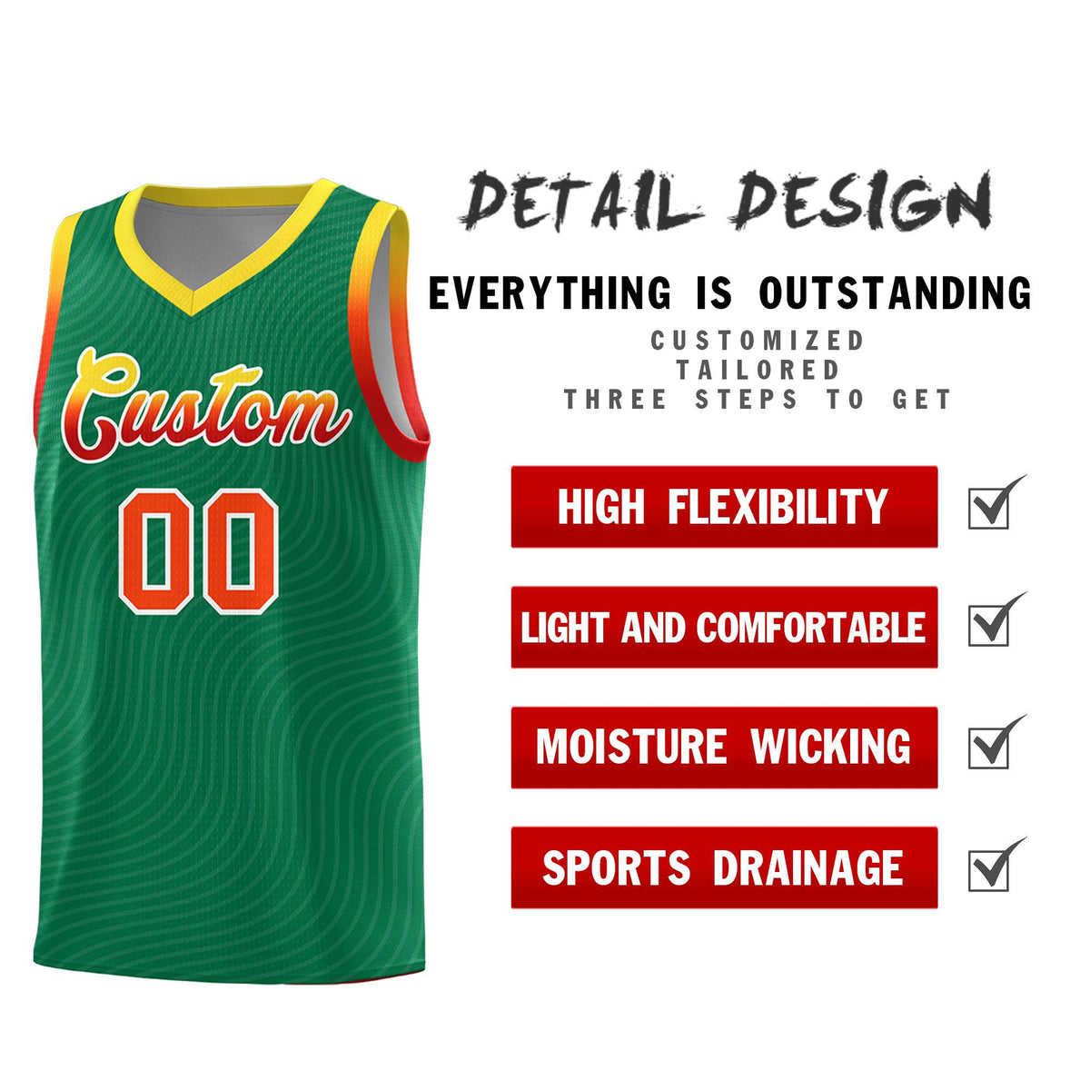 Custom Kelly Green Gold Wave Pattern Sports Uniform Basketball Kits