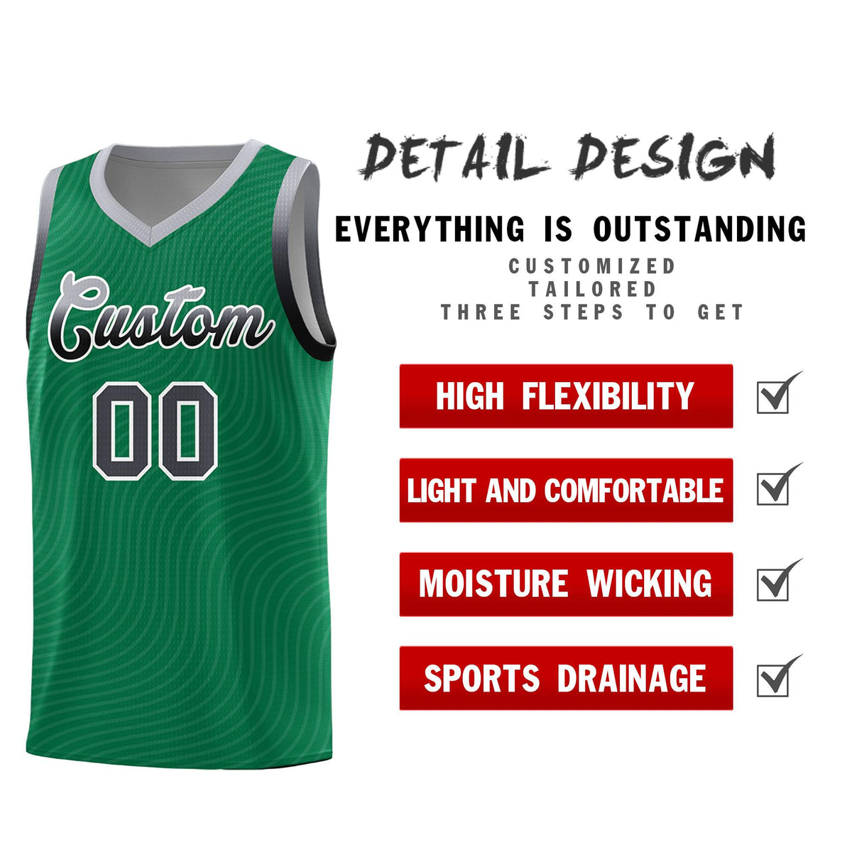Custom Kelly Green Gray Wave Pattern Sports Uniform Basketball Kits