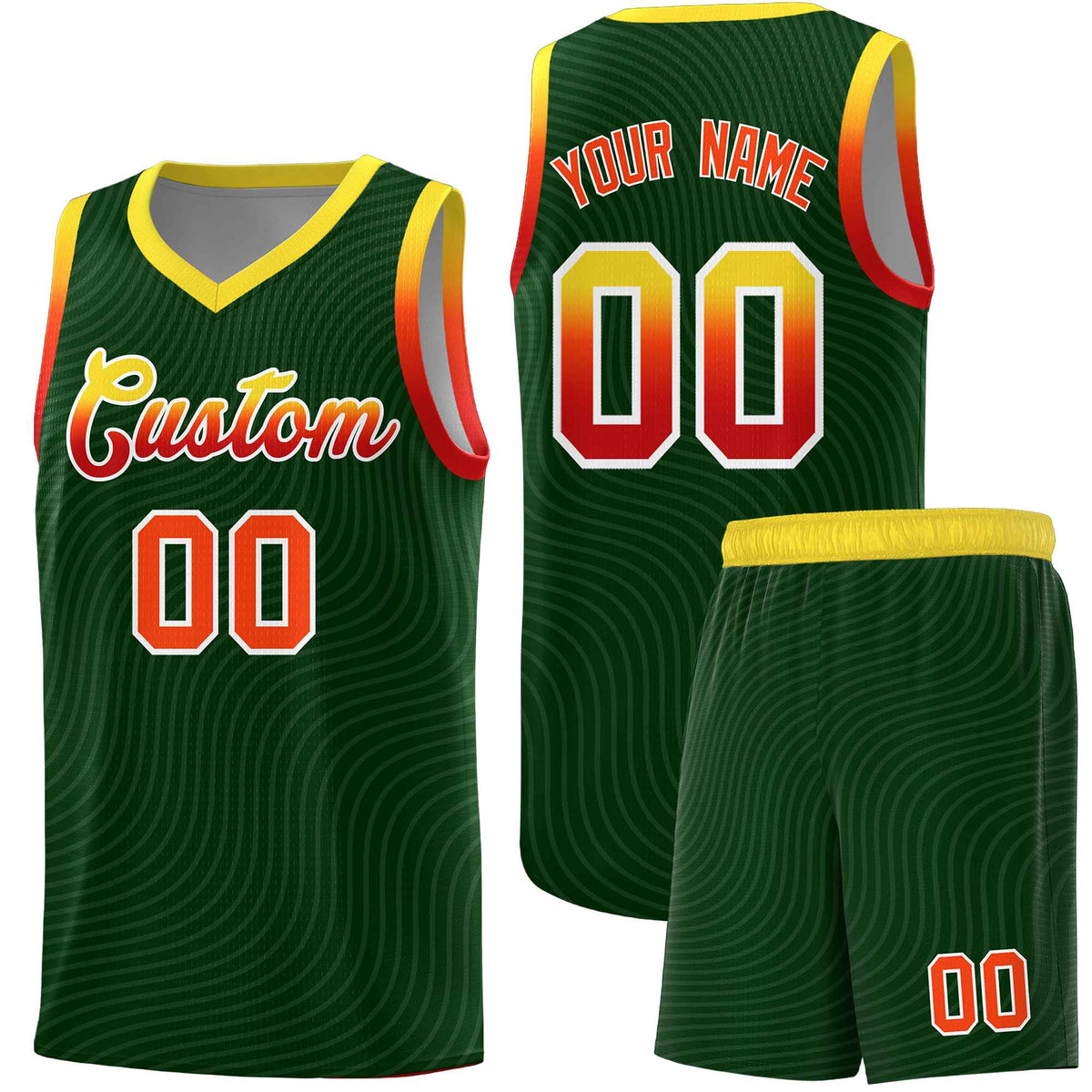 Custom Hunter Green Gold Wave Pattern Sports Uniform Basketball Kits