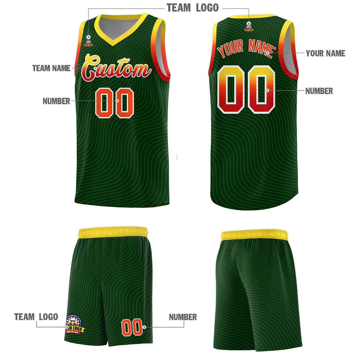Custom Hunter Green Gold Wave Pattern Sports Uniform Basketball Kits