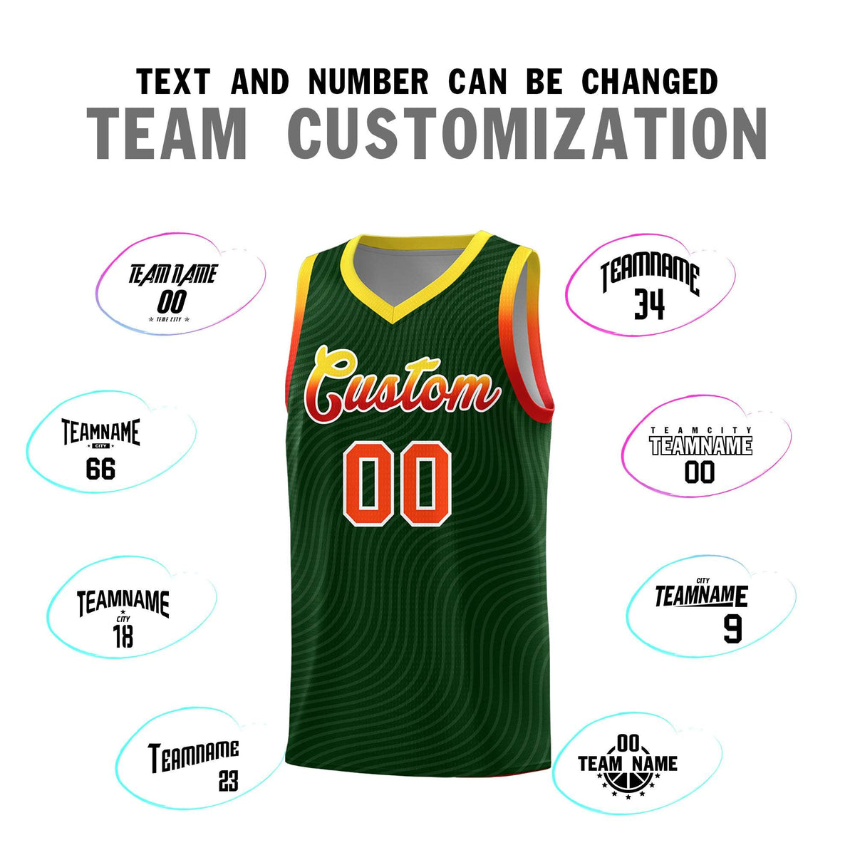 Custom Hunter Green Gold Wave Pattern Sports Uniform Basketball Kits