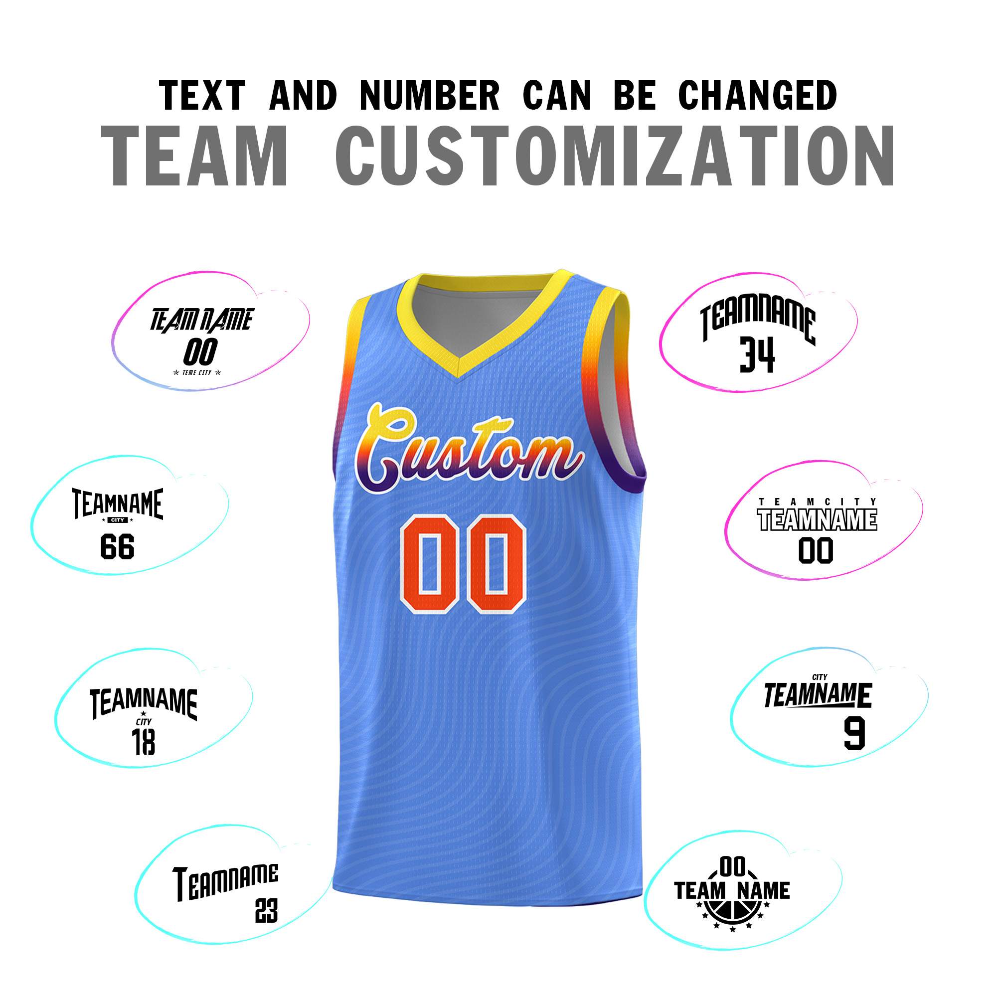 Custom Light Blue Gold Wave Pattern Sports Uniform Basketball Kits