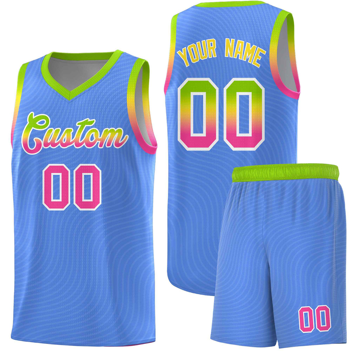 Custom Light Blue Neon Green Wave Pattern Sports Uniform Basketball Kits