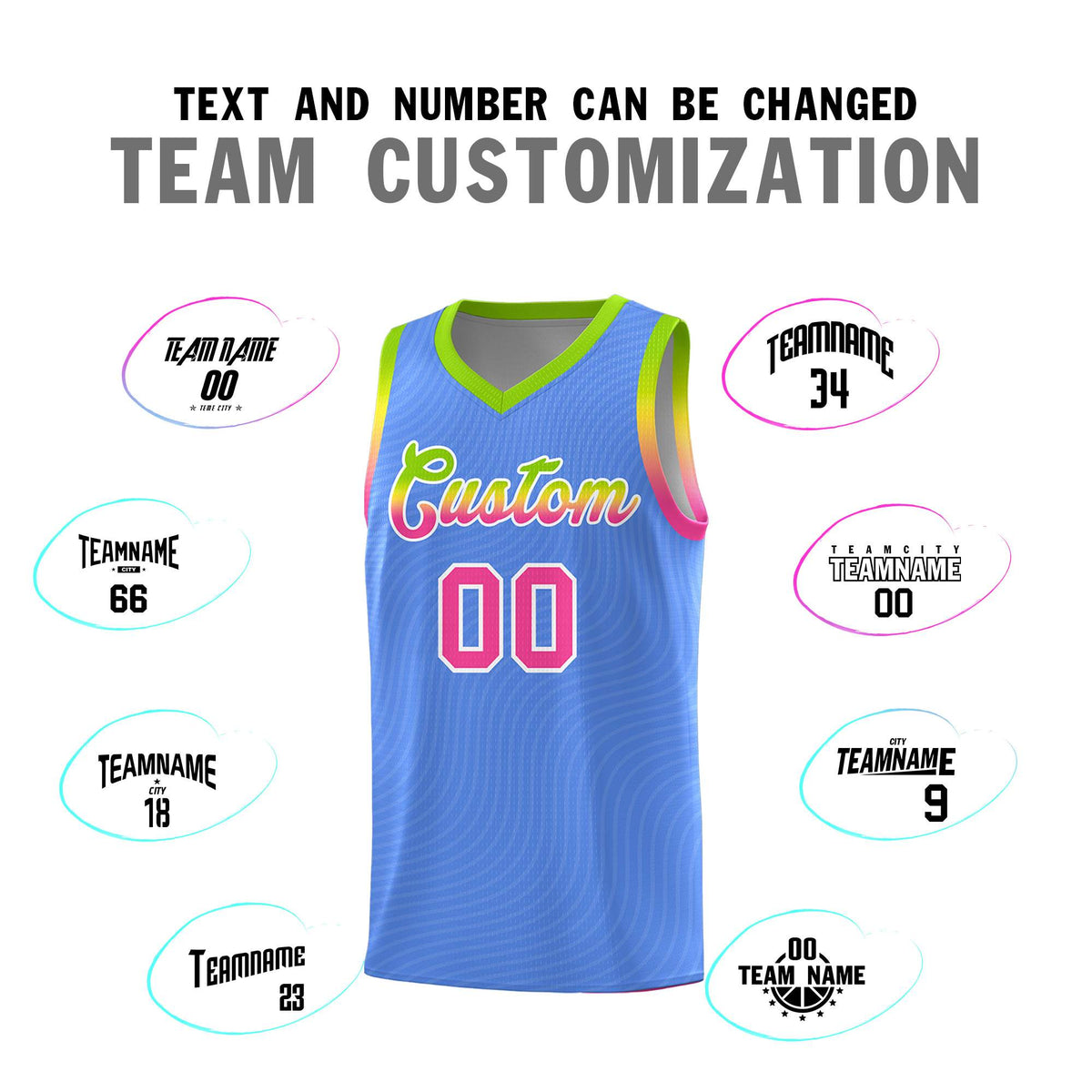 Custom Light Blue Neon Green Wave Pattern Sports Uniform Basketball Kits