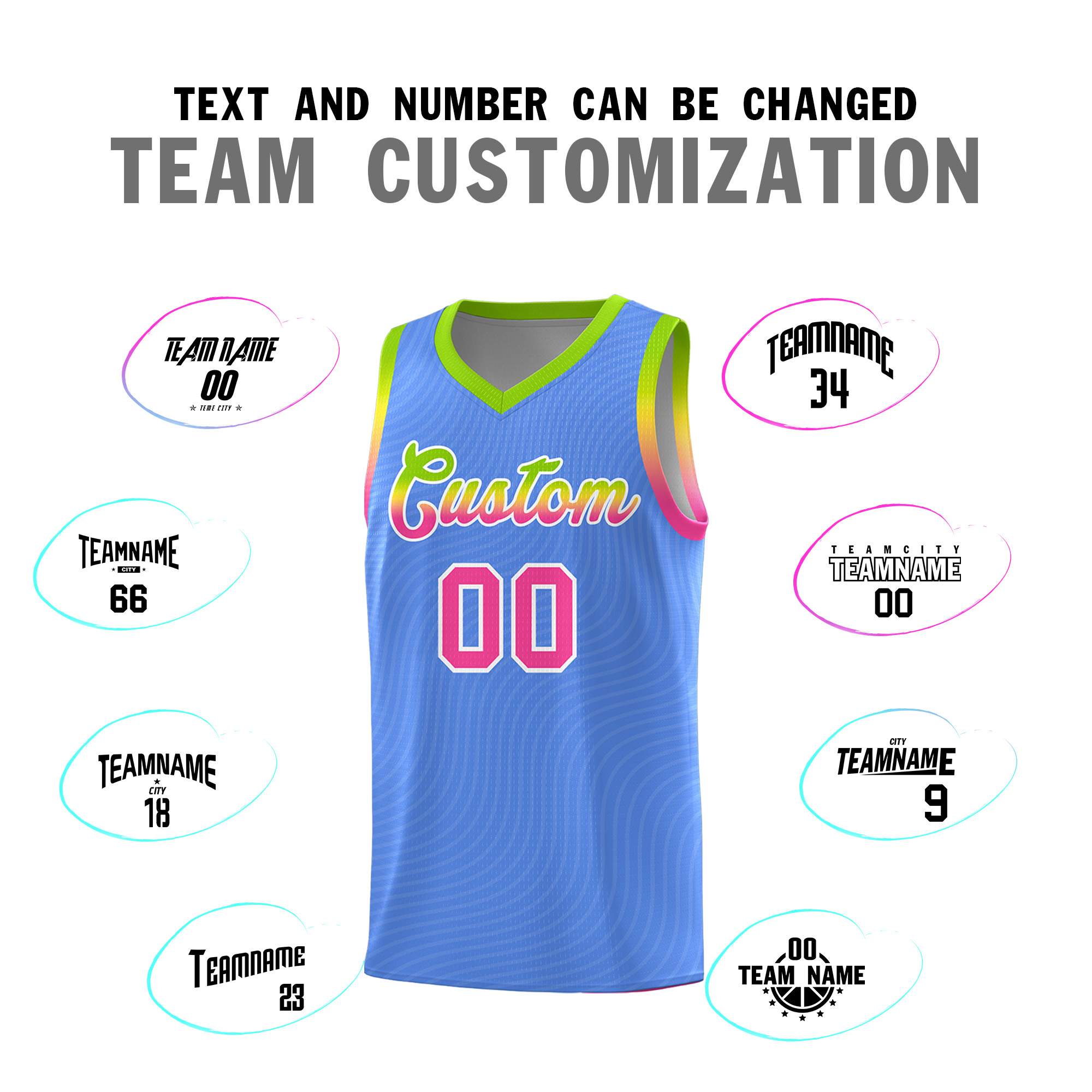Custom Light Blue Neon Green Wave Pattern Sports Uniform Basketball Kits