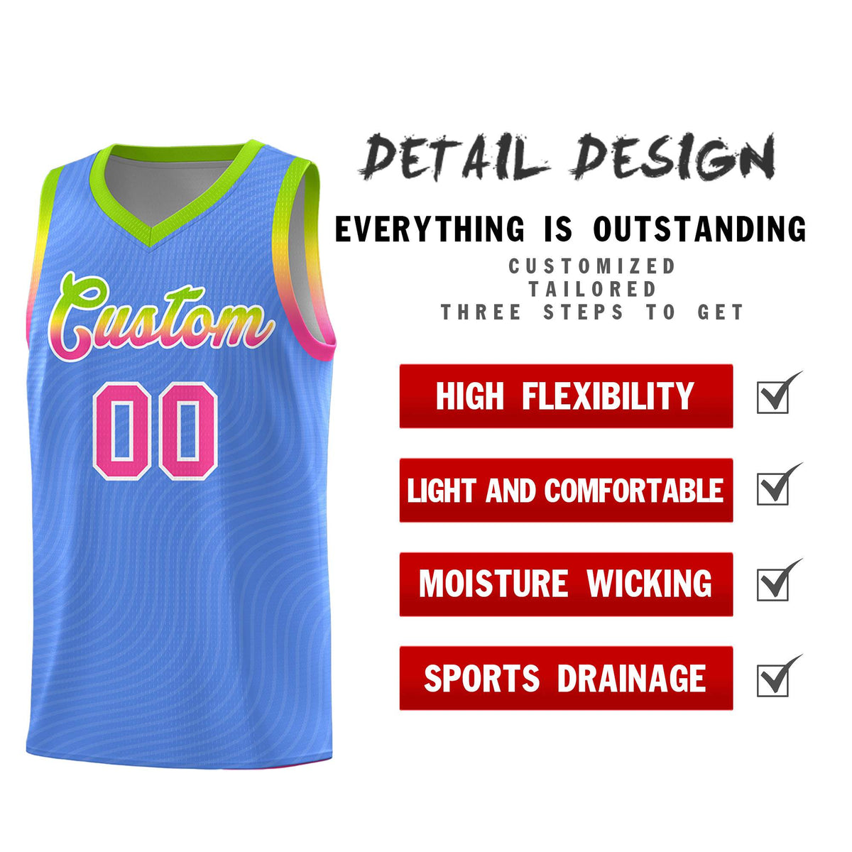 Custom Light Blue Neon Green Wave Pattern Sports Uniform Basketball Kits