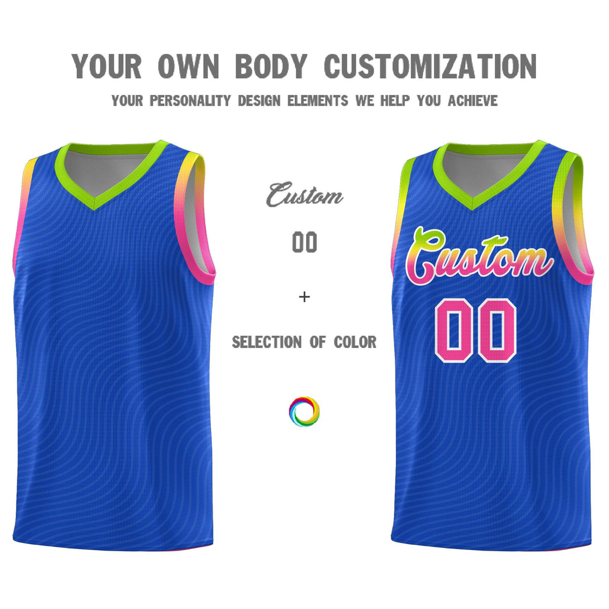 Custom Royal Blue Neon Green Wave Pattern Sports Uniform Basketball Kits