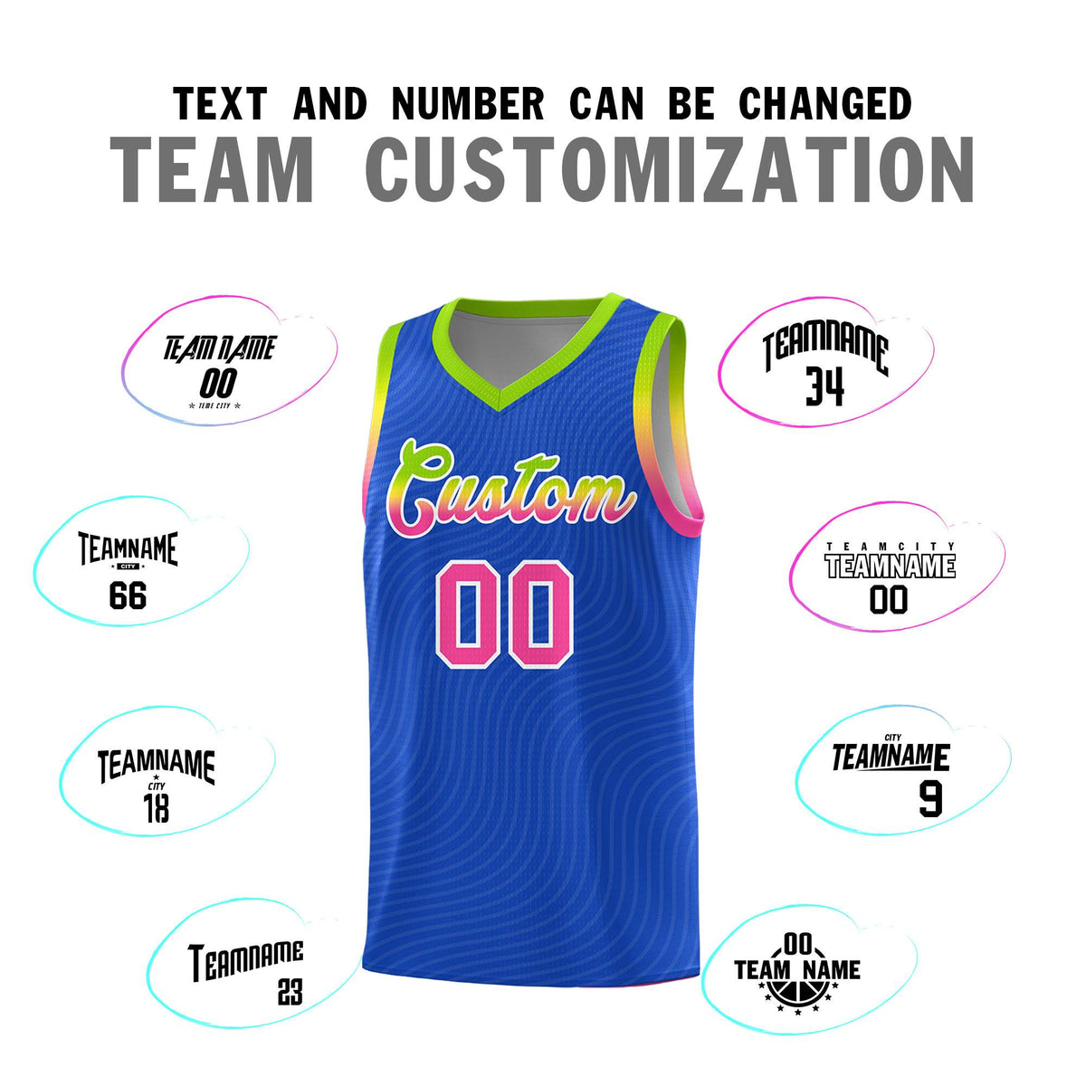Custom Royal Blue Neon Green Wave Pattern Sports Uniform Basketball Kits