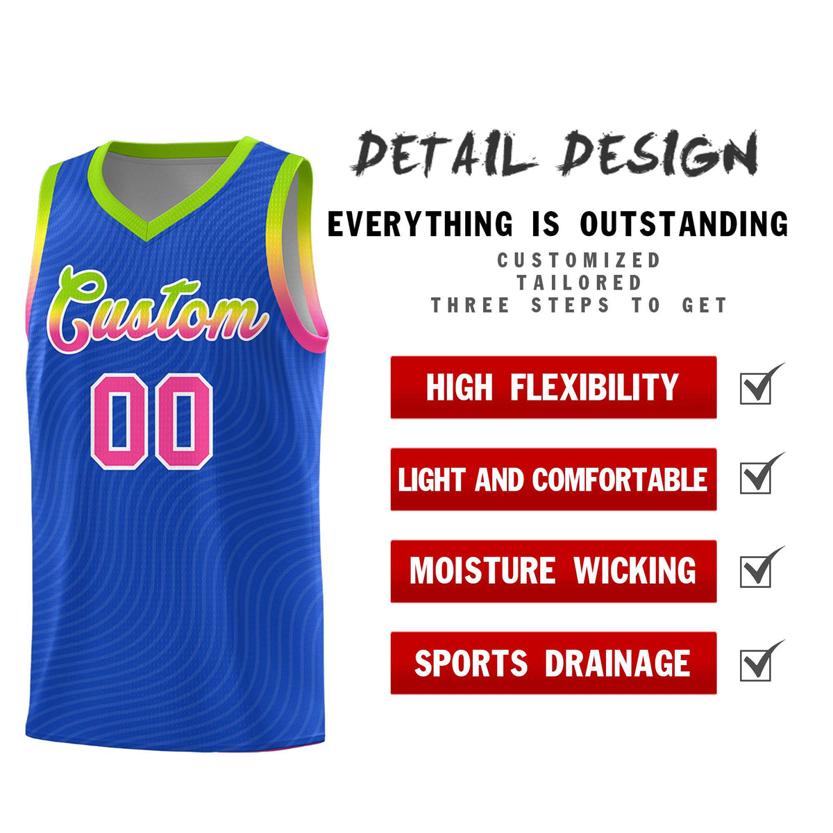 Custom Royal Blue Neon Green Wave Pattern Sports Uniform Basketball Kits