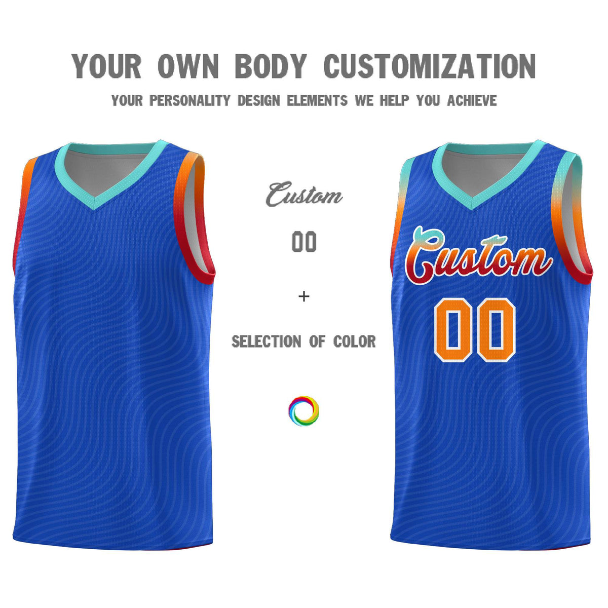 Custom Royal Blue Bright Green Wave Pattern Sports Uniform Basketball Kits