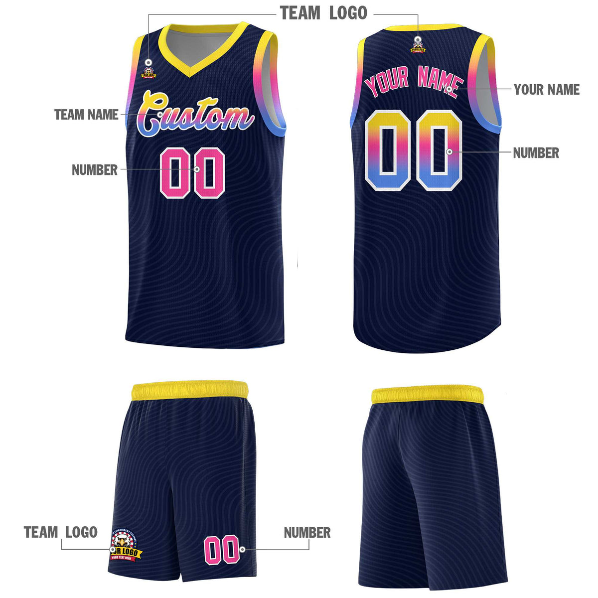 Custom Navy Gold Wave Pattern Sports Uniform Basketball Kits