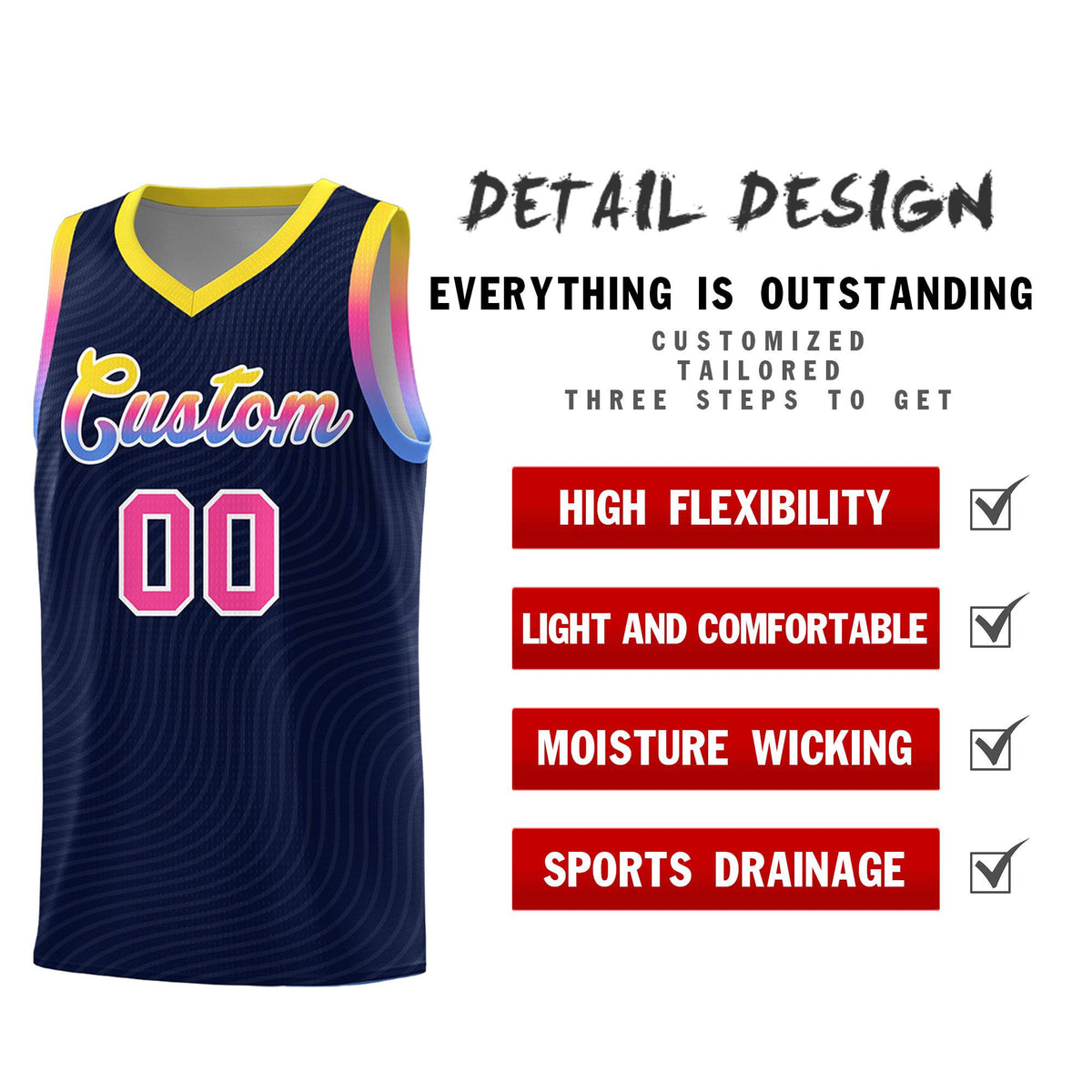 Custom Navy Gold Wave Pattern Sports Uniform Basketball Kits