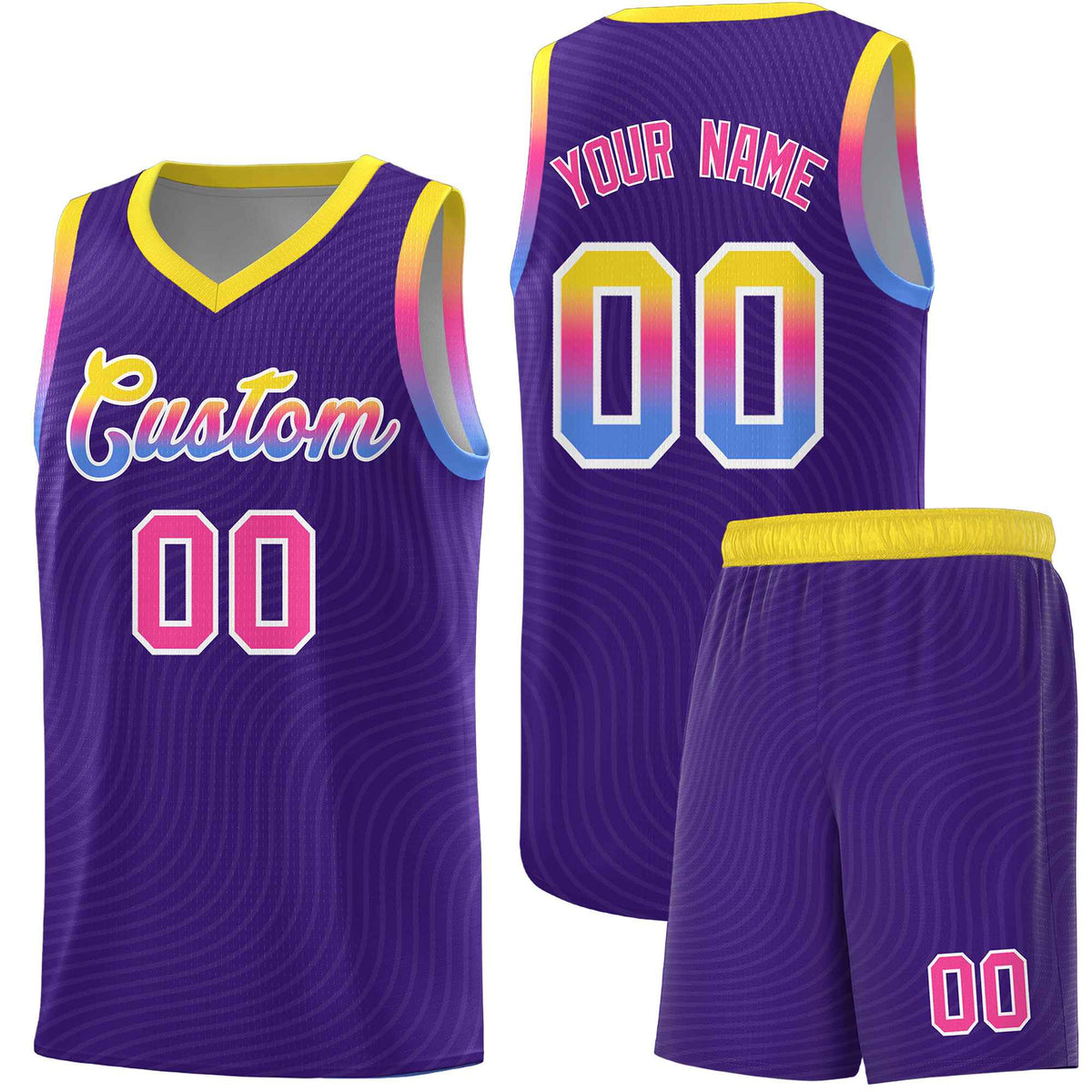 Custom Purple Gold Wave Pattern Sports Uniform Basketball Kits