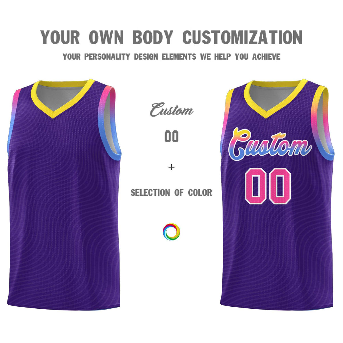 Custom Purple Gold Wave Pattern Sports Uniform Basketball Kits