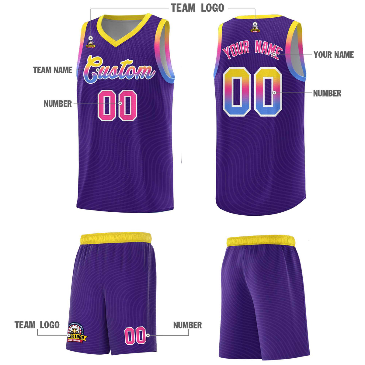 Custom Purple Gold Wave Pattern Sports Uniform Basketball Kits