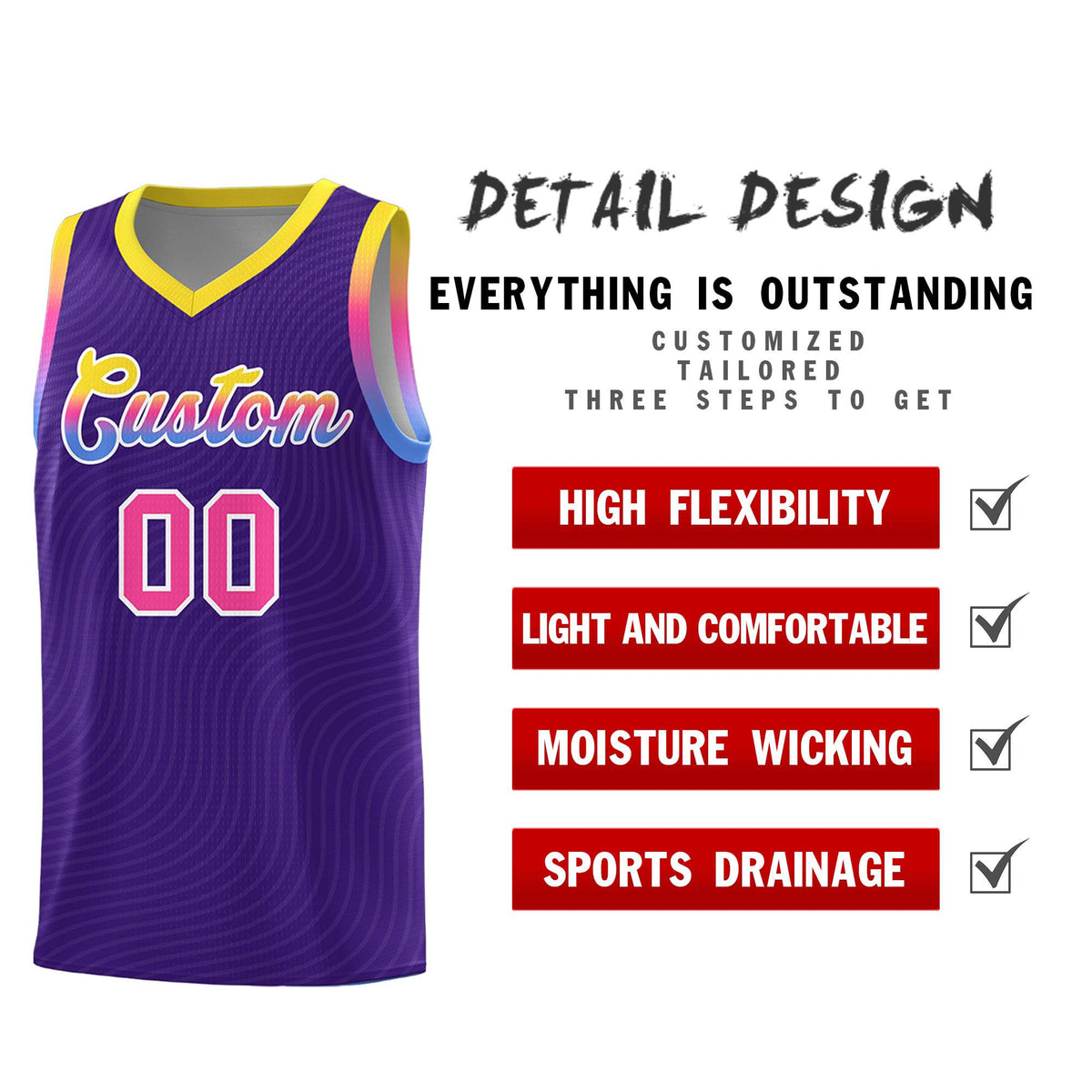 Custom Purple Gold Wave Pattern Sports Uniform Basketball Kits