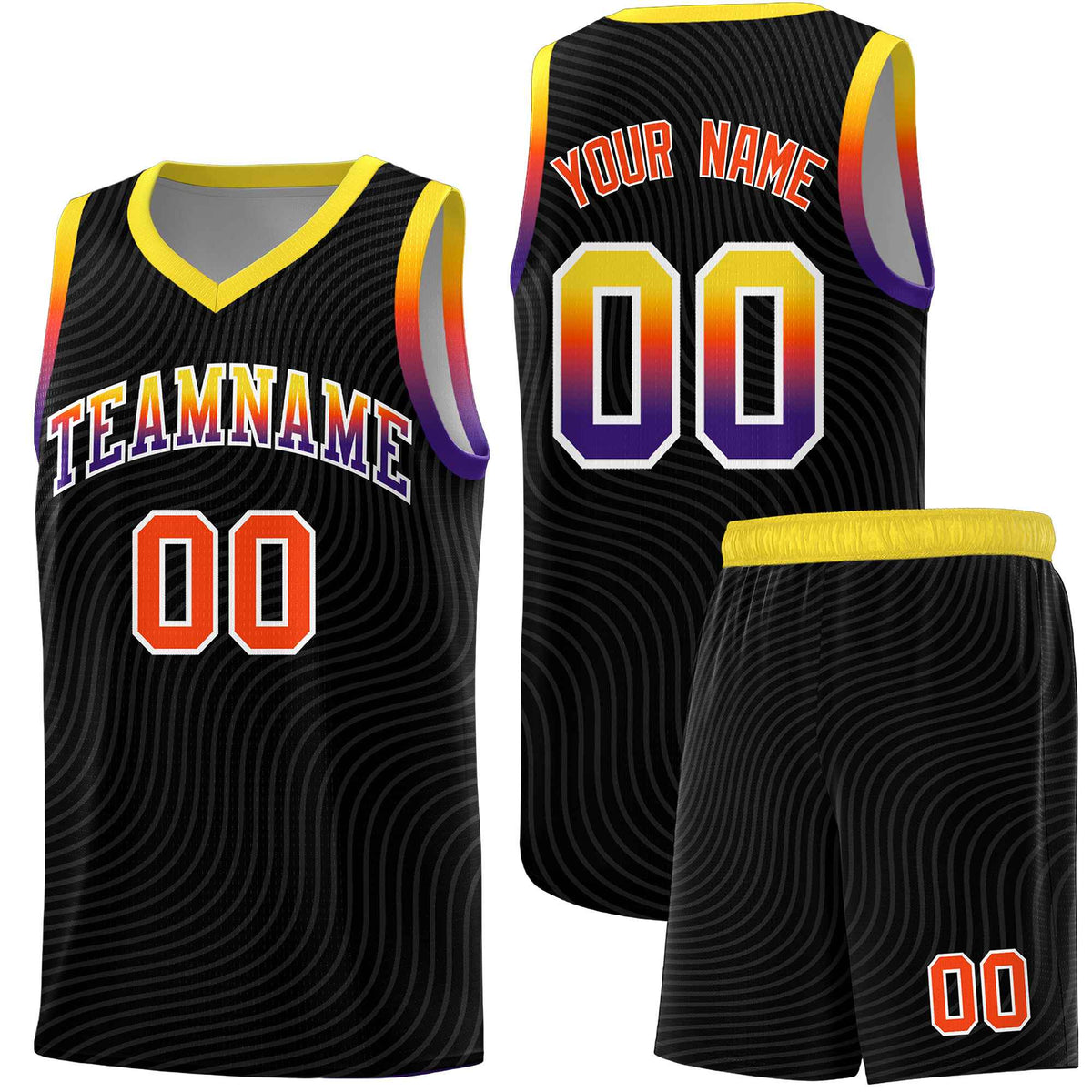 Custom Black Gold Wave Pattern Sports Uniform Basketball Kits