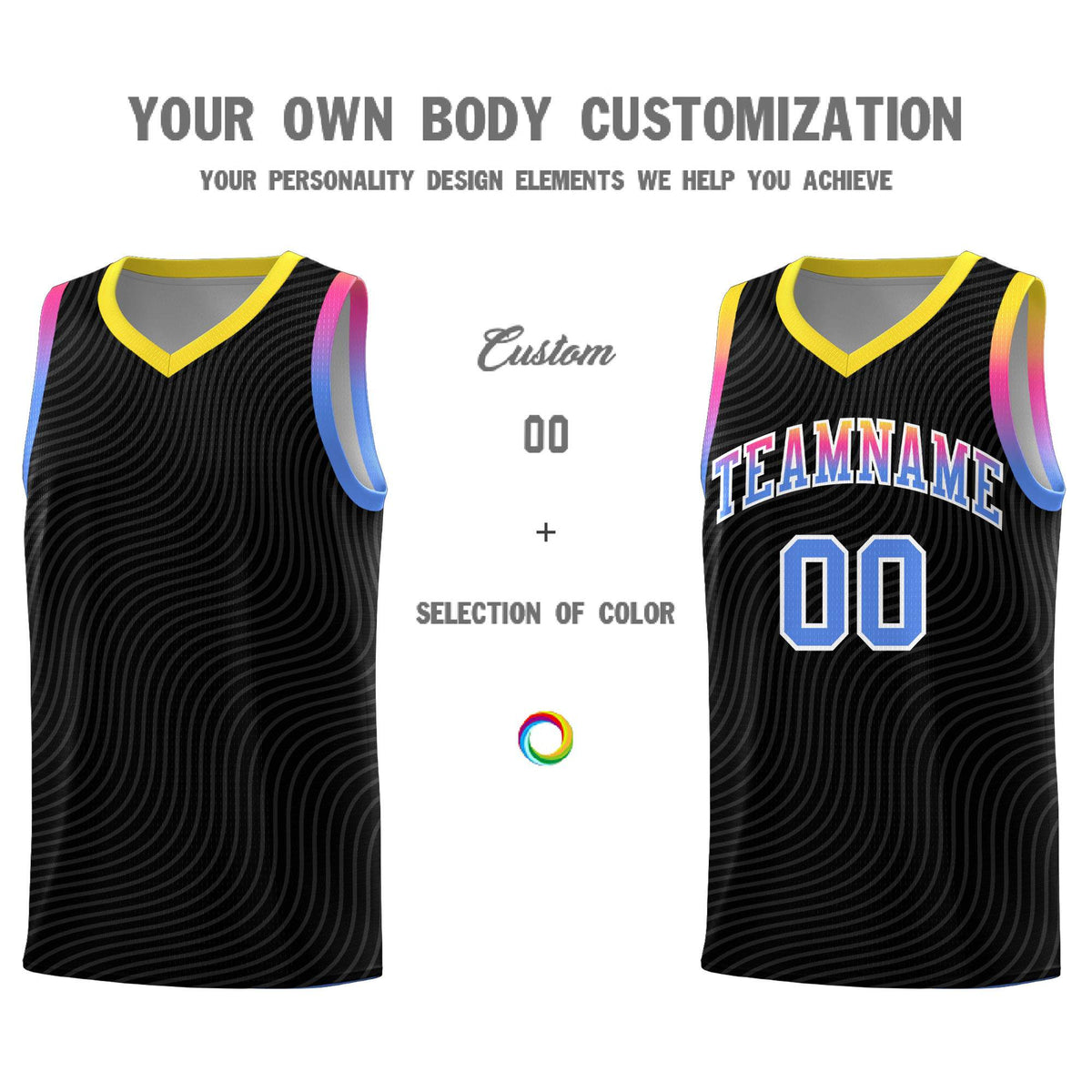 Custom Black Gold Wave Pattern Sports Uniform Basketball Kits
