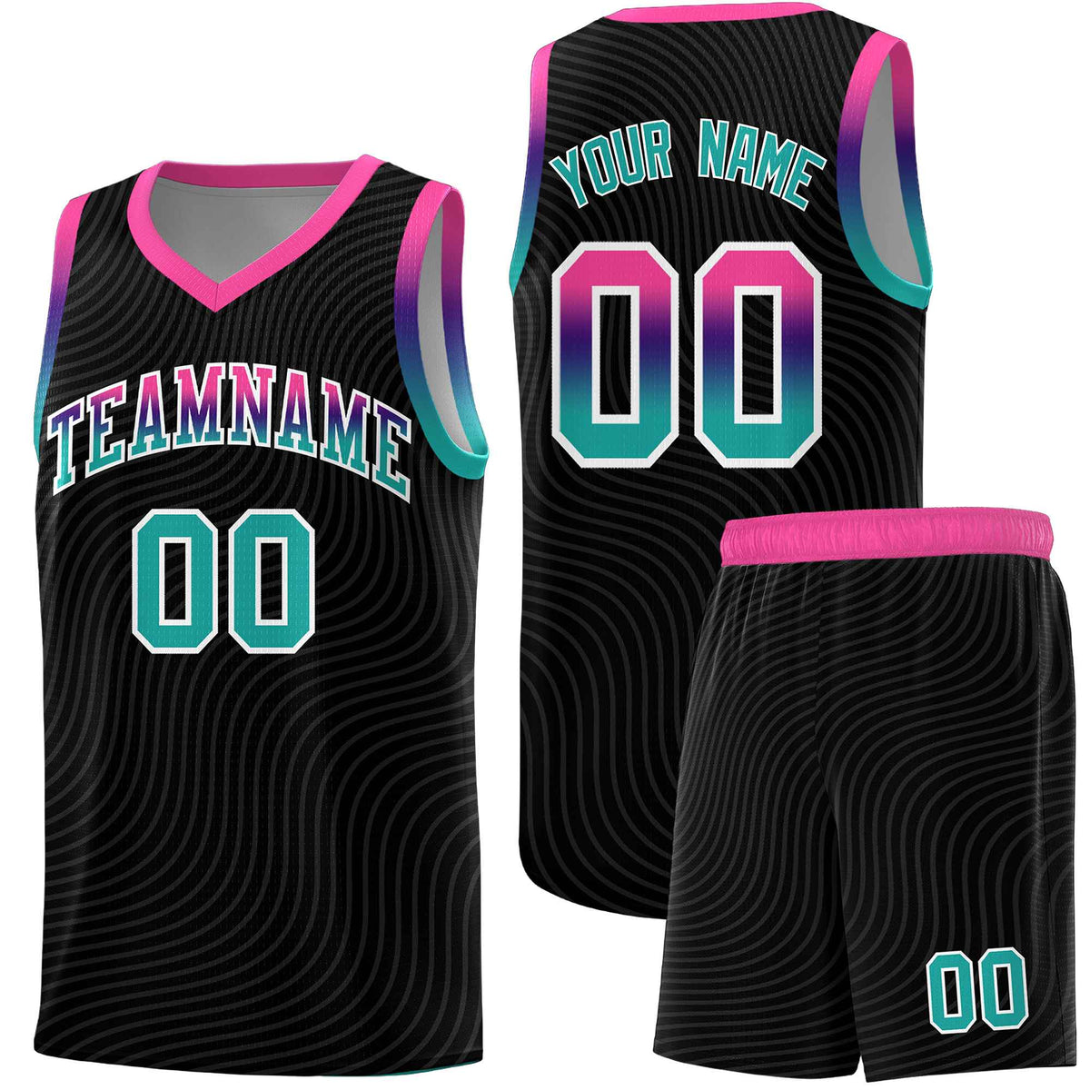 Custom Black Pink Wave Pattern Sports Uniform Basketball Kits