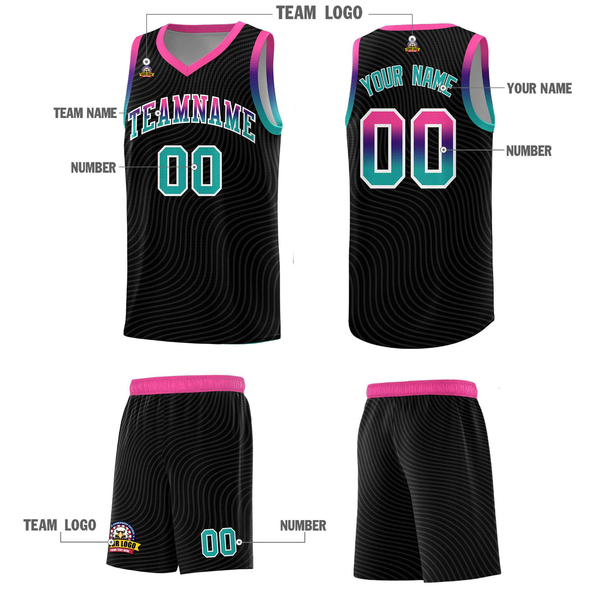Custom Black Pink Wave Pattern Sports Uniform Basketball Kits