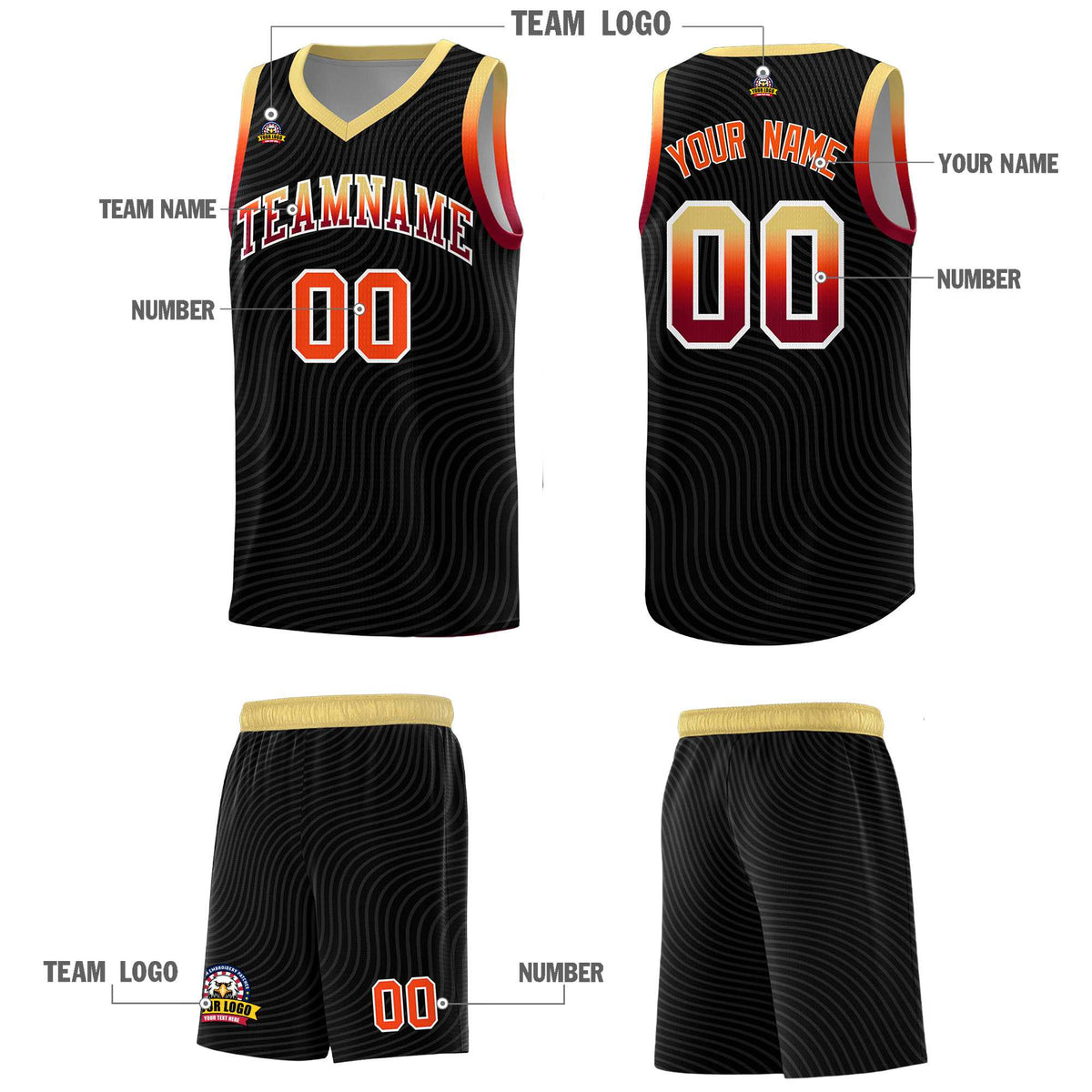 Custom Black Khaki Wave Pattern Sports Uniform Basketball Kits