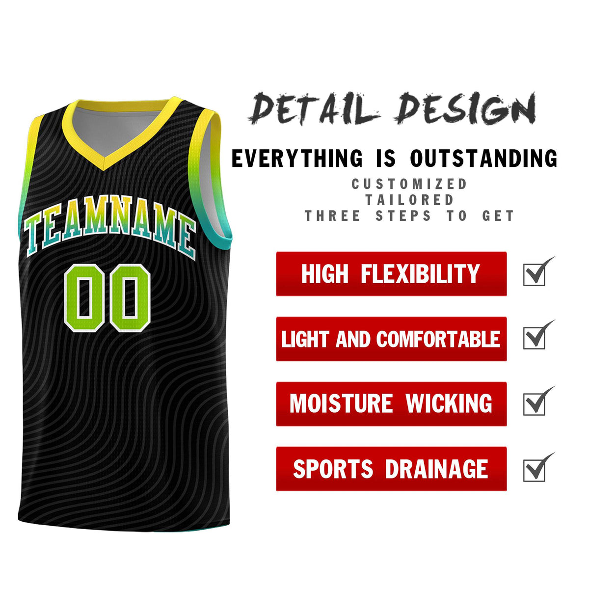 Custom Black Gold Wave Pattern Sports Uniform Basketball Kits