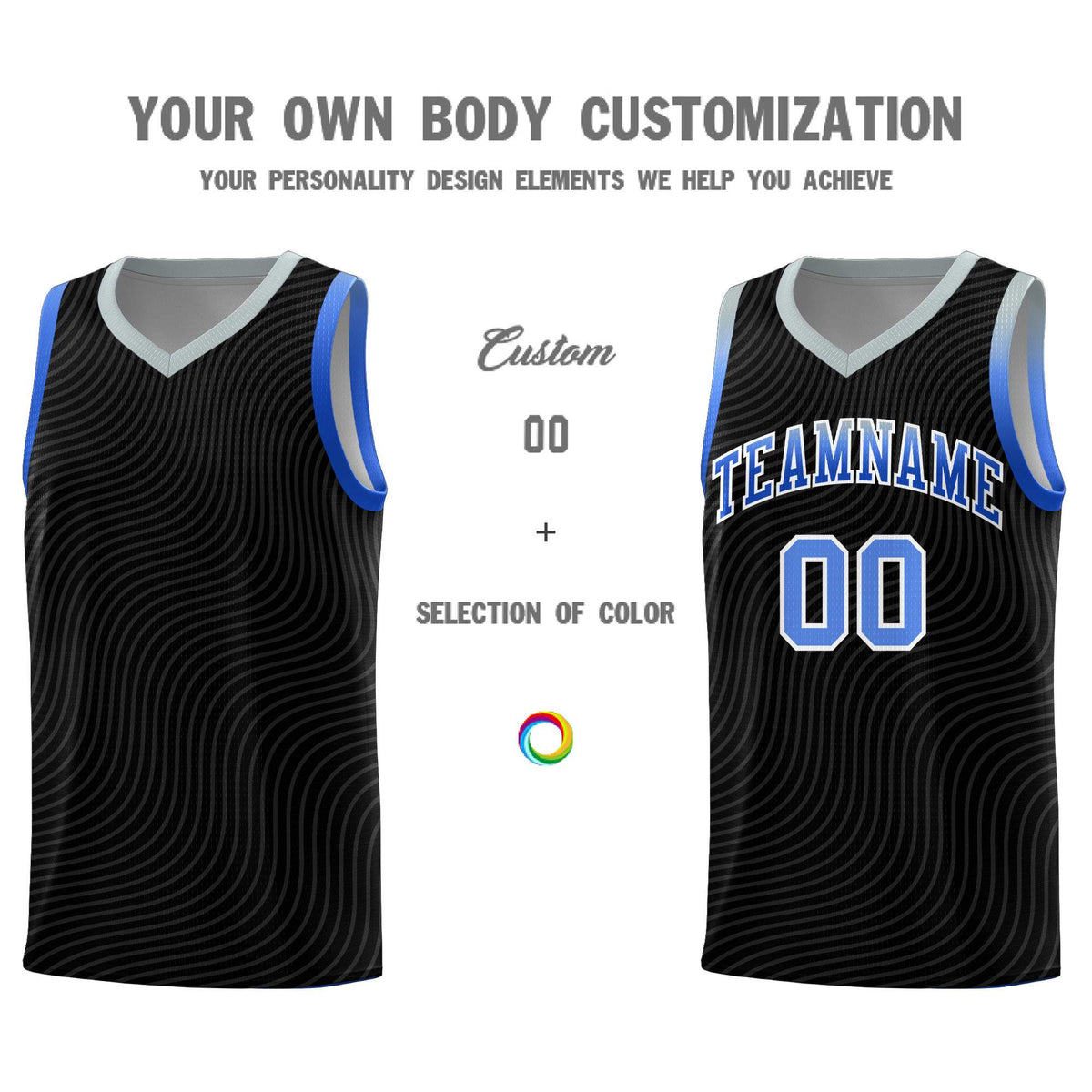 Custom Black Gray Wave Pattern Sports Uniform Basketball Kits