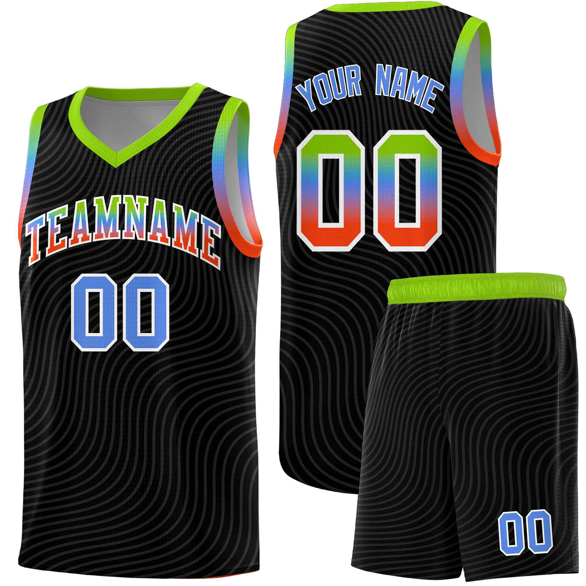 Custom Black Neon Green Wave Pattern Sports Uniform Basketball Kits