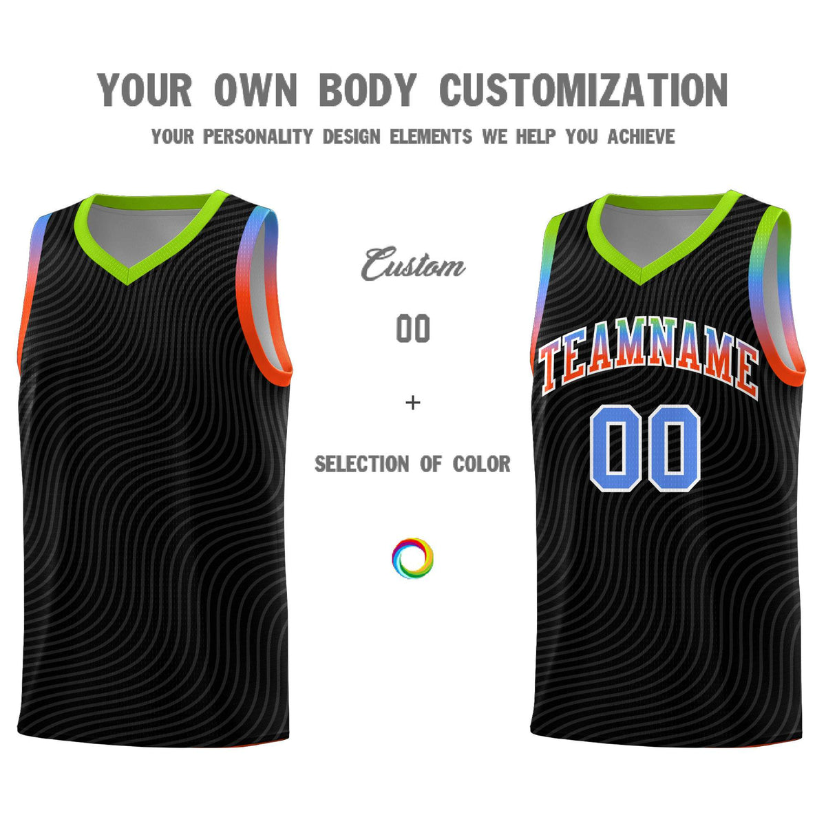 Custom Black Neon Green Wave Pattern Sports Uniform Basketball Kits