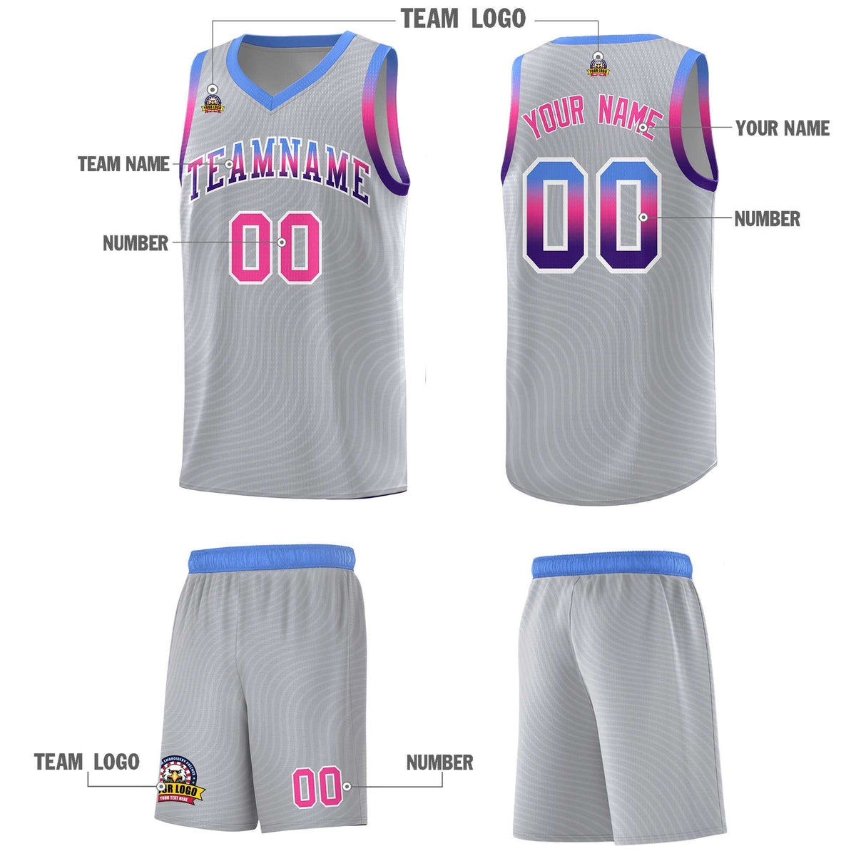 Custom Gray Light Blue Wave Pattern Sports Uniform Basketball Kits