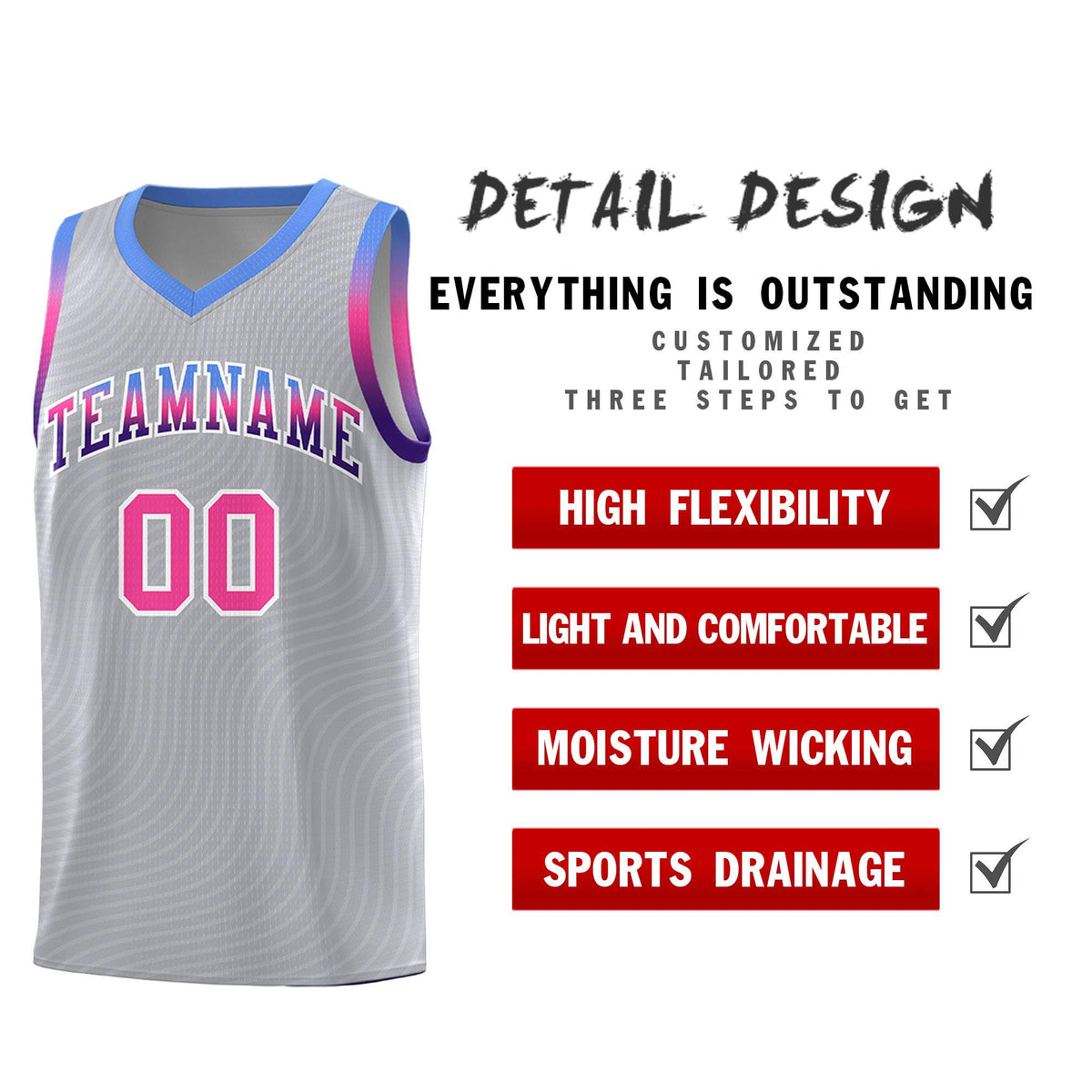 Custom Gray Light Blue Wave Pattern Sports Uniform Basketball Kits