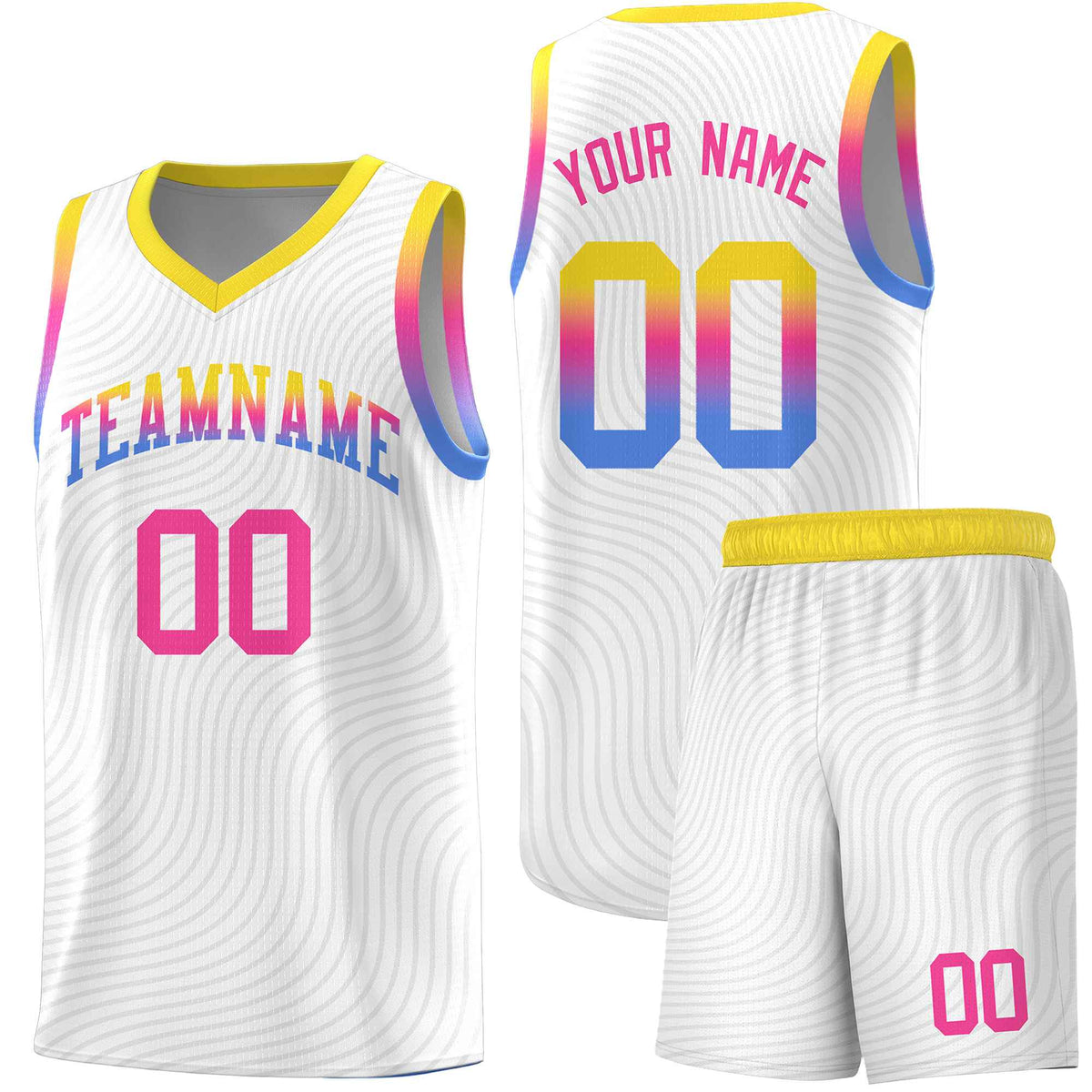 Custom White Gold Wave Pattern Sports Uniform Basketball Kits
