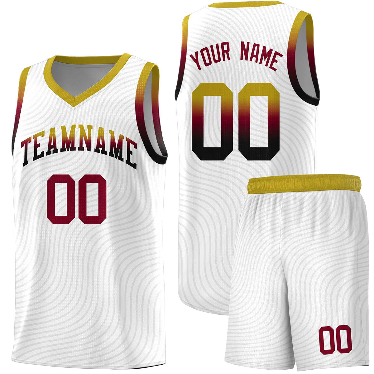 Custom White Old Gold Wave Pattern Sports Uniform Basketball Kits