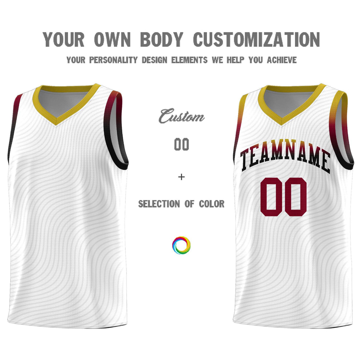 Custom White Old Gold Wave Pattern Sports Uniform Basketball Kits