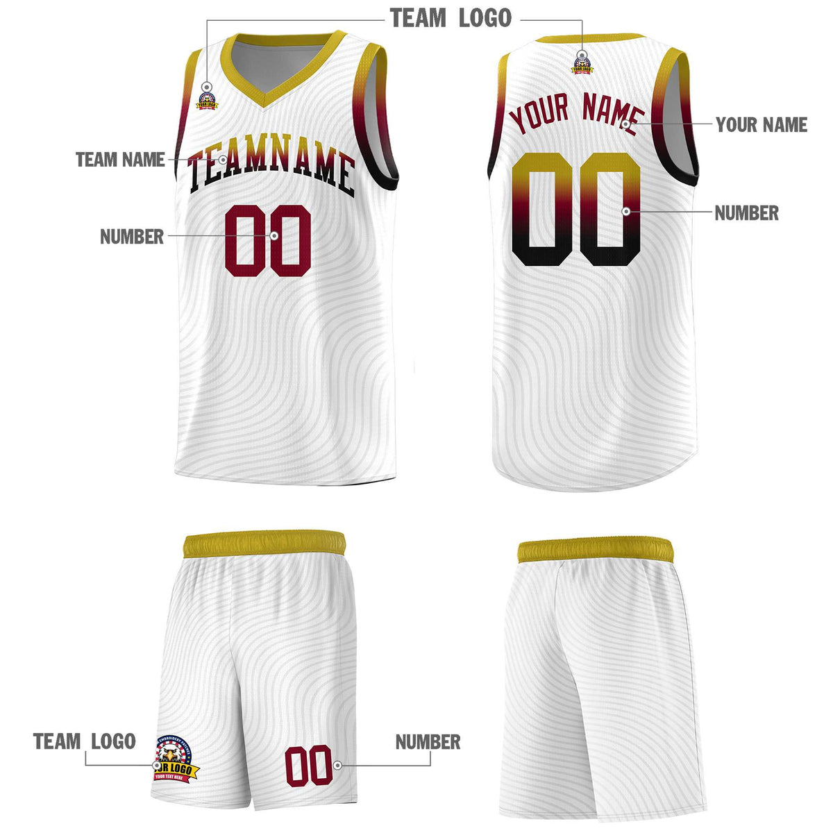 Custom White Old Gold Wave Pattern Sports Uniform Basketball Kits