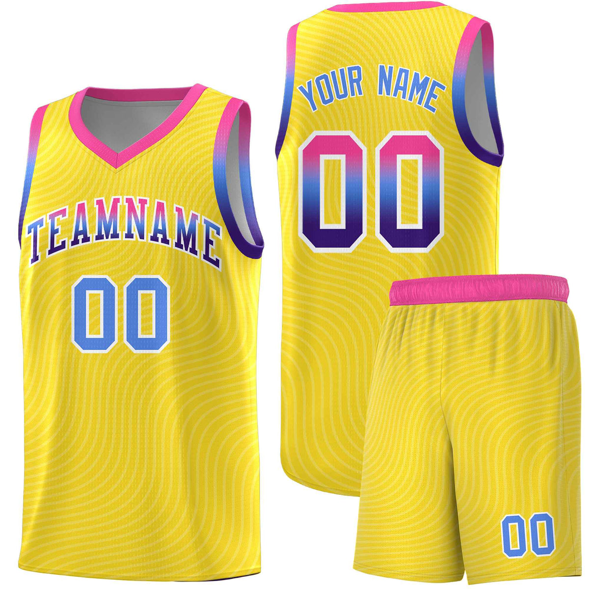 Custom Gold Pink Wave Pattern Sports Uniform Basketball Kits